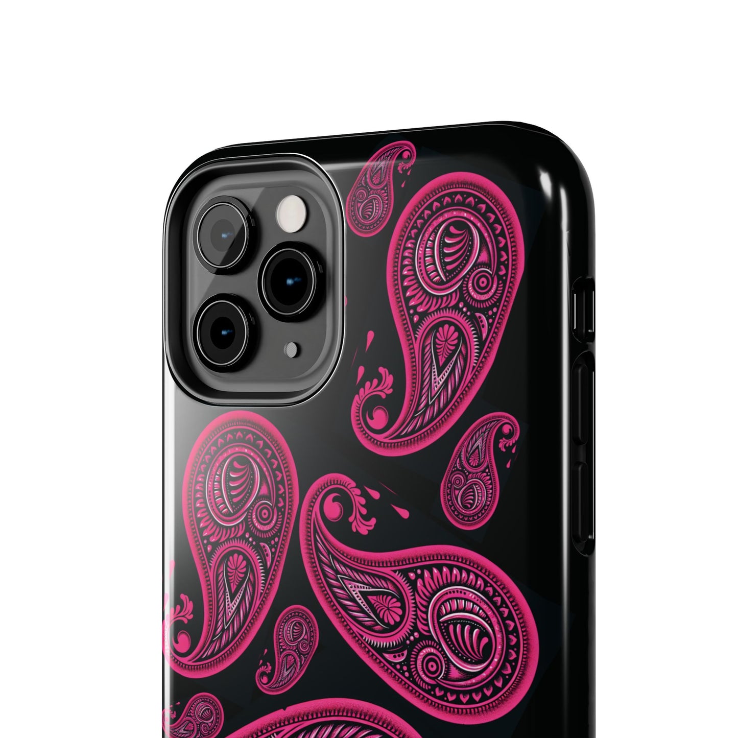 Tough Phone Case - Black with Hot Pink Paisley Design