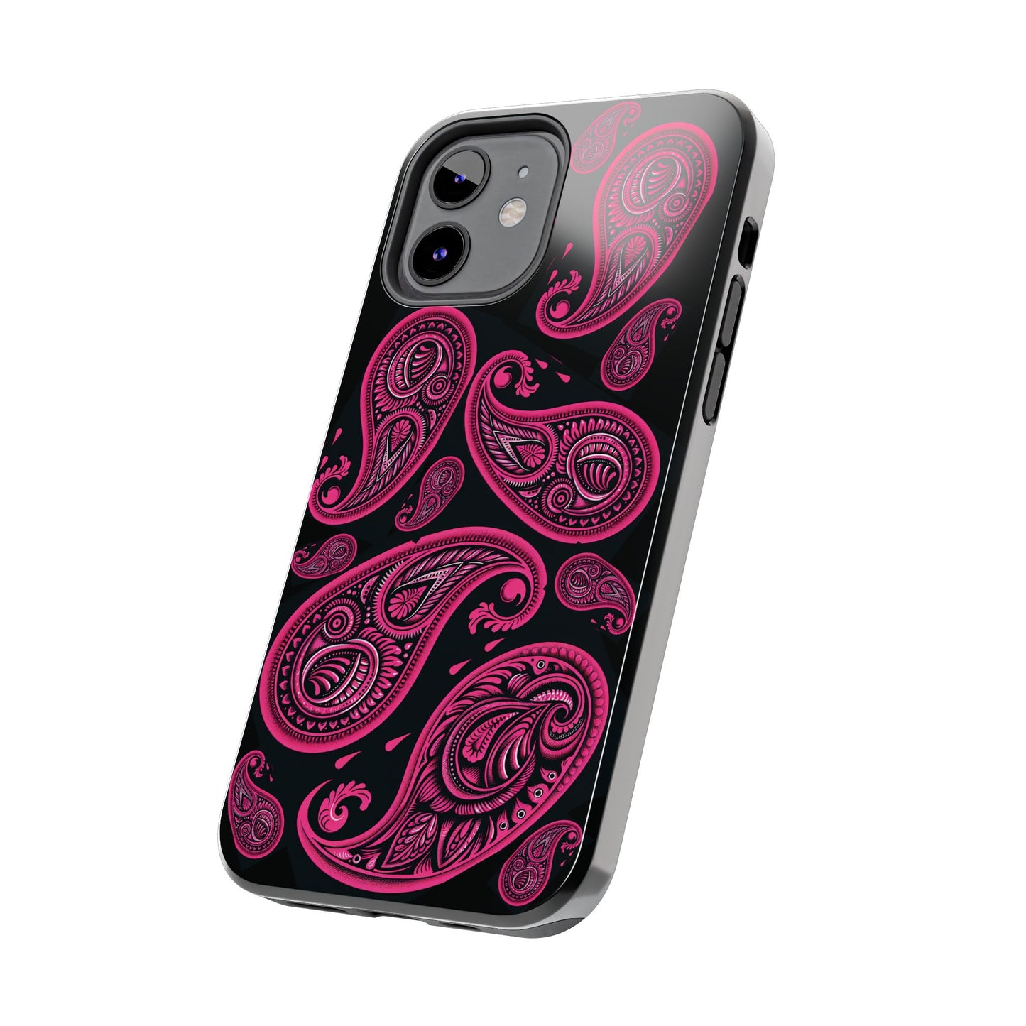 Tough Phone Case - Black with Hot Pink Paisley Design