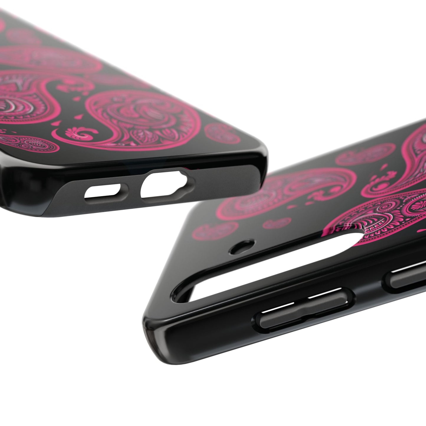 Tough Phone Case - Black with Hot Pink Paisley Design