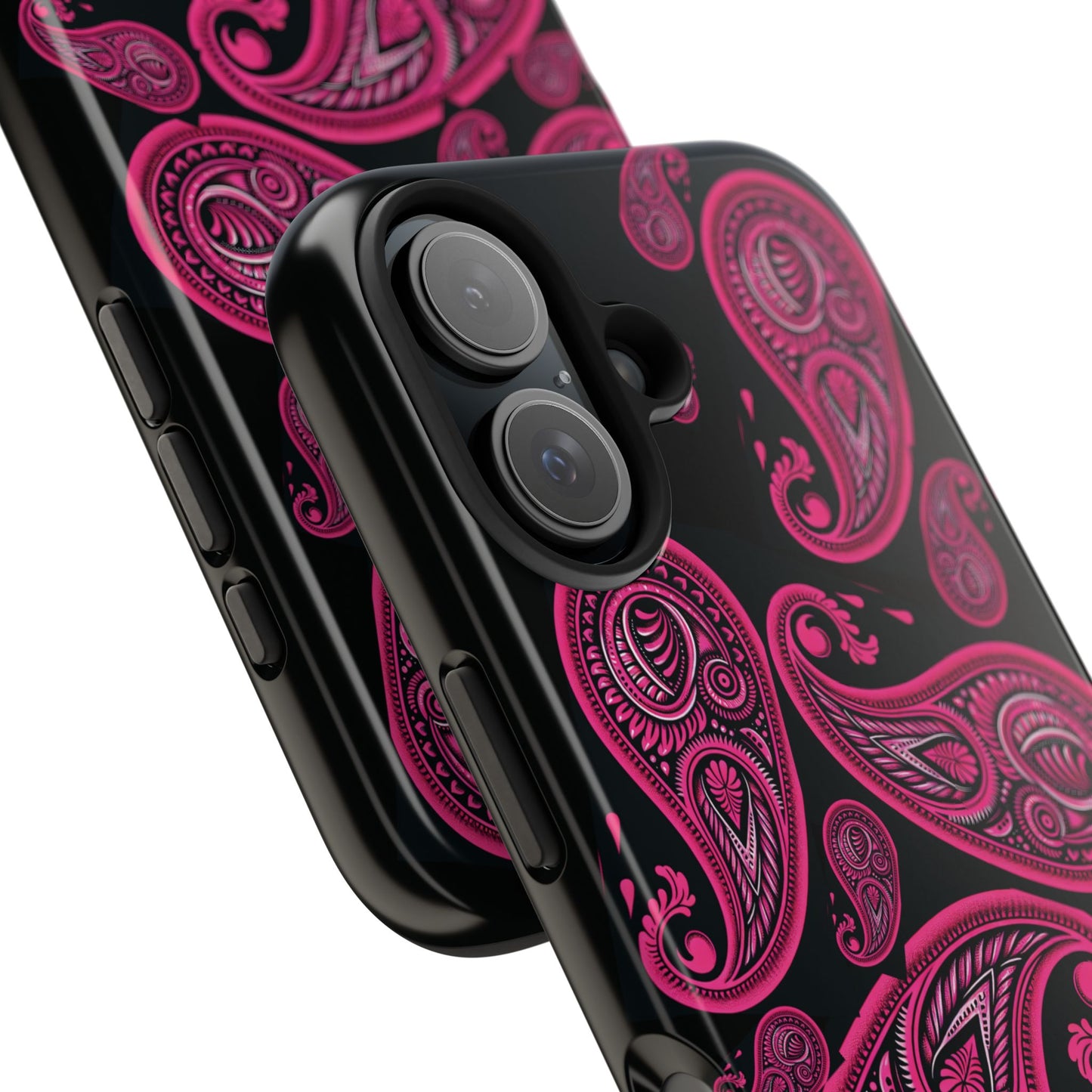 Tough Phone Case - Black with Hot Pink Paisley Design