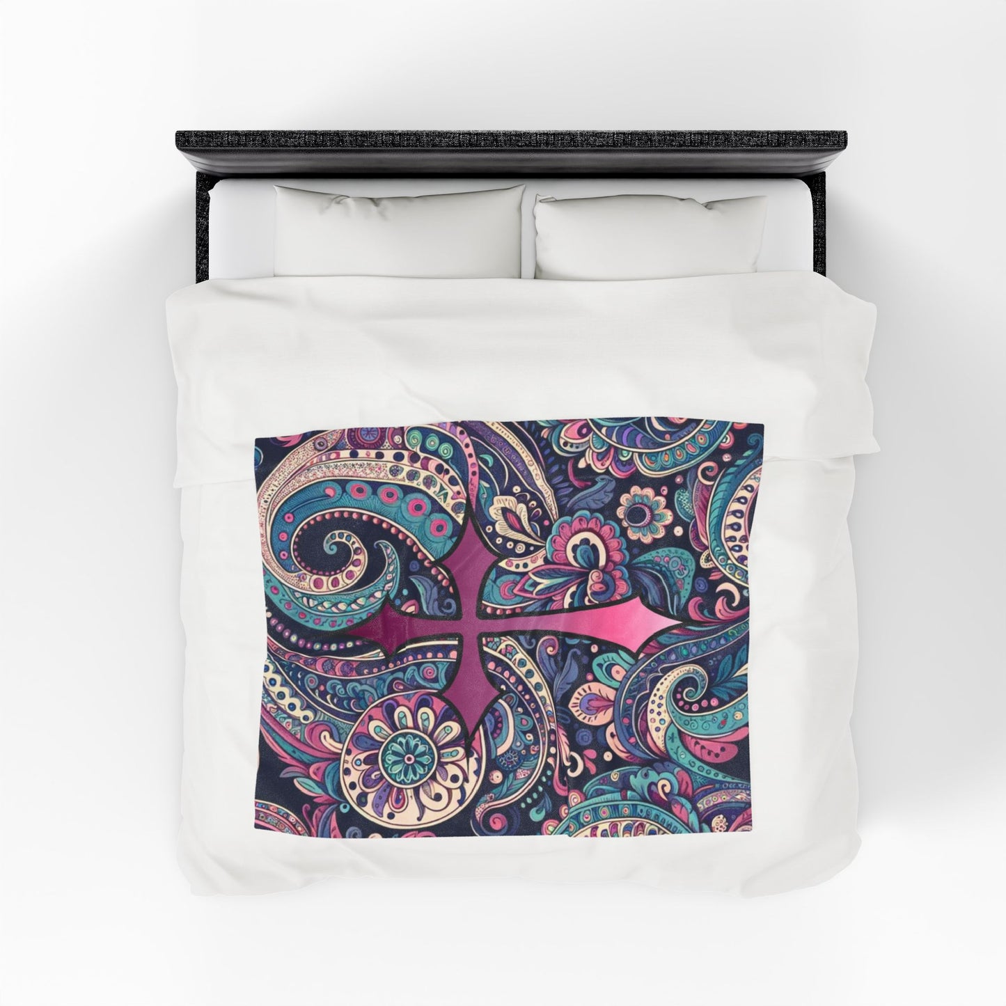 Velveteen Plush Blanket - Pink Navy Paisley Cross Pattern - with Pink Cross - Cozy Home Decor & Yoga Throw, Dorm Room