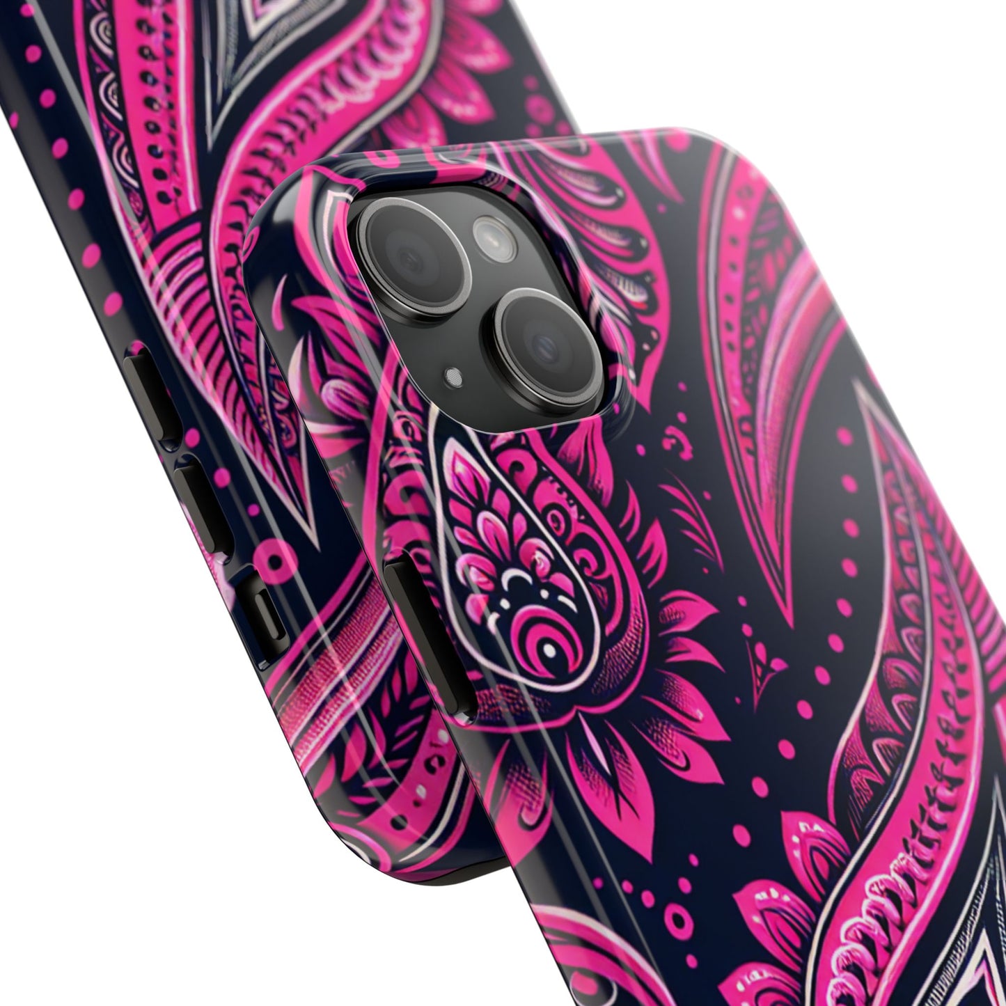 Phone Case - Vibrant Hot Pink Paisley with Black Background