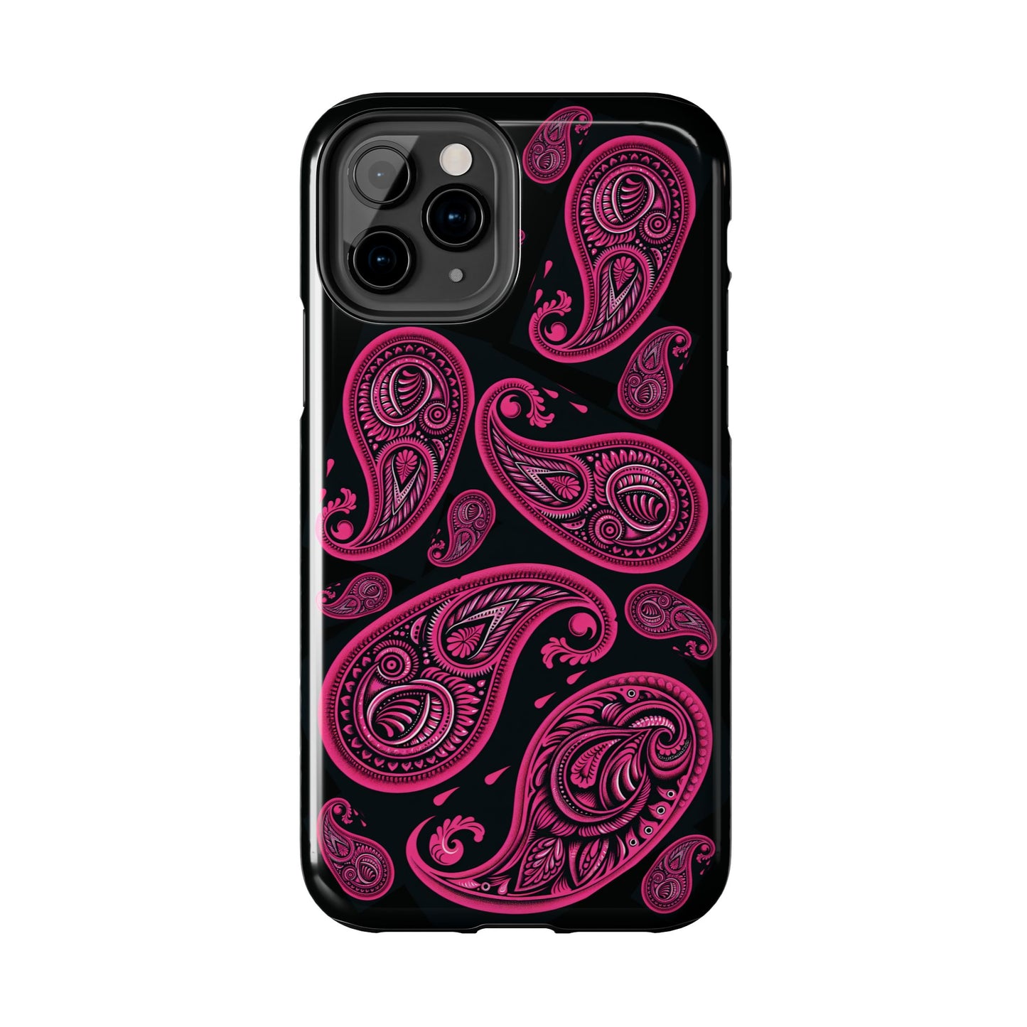 Tough Phone Case - Black with Hot Pink Paisley Design