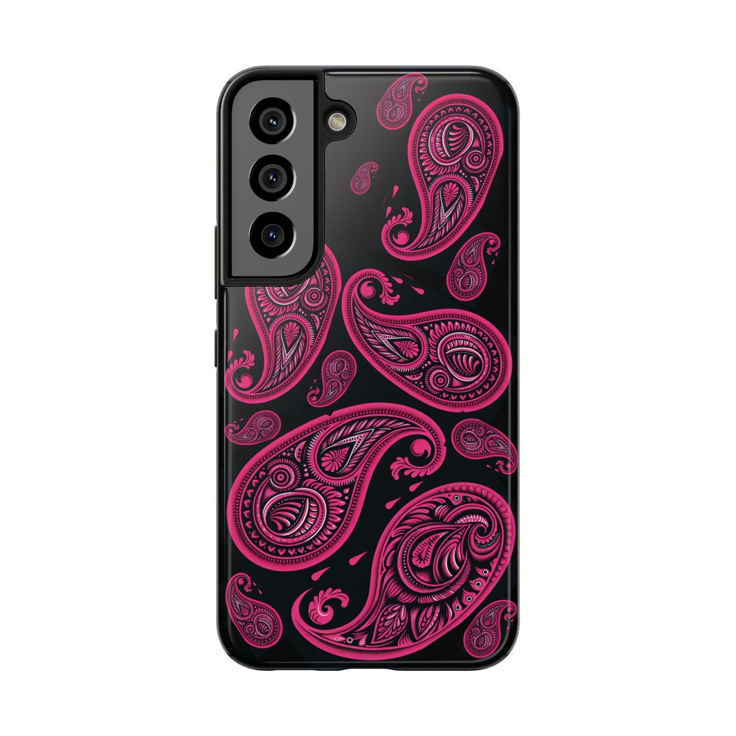 Tough Phone Case - Black with Hot Pink Paisley Design