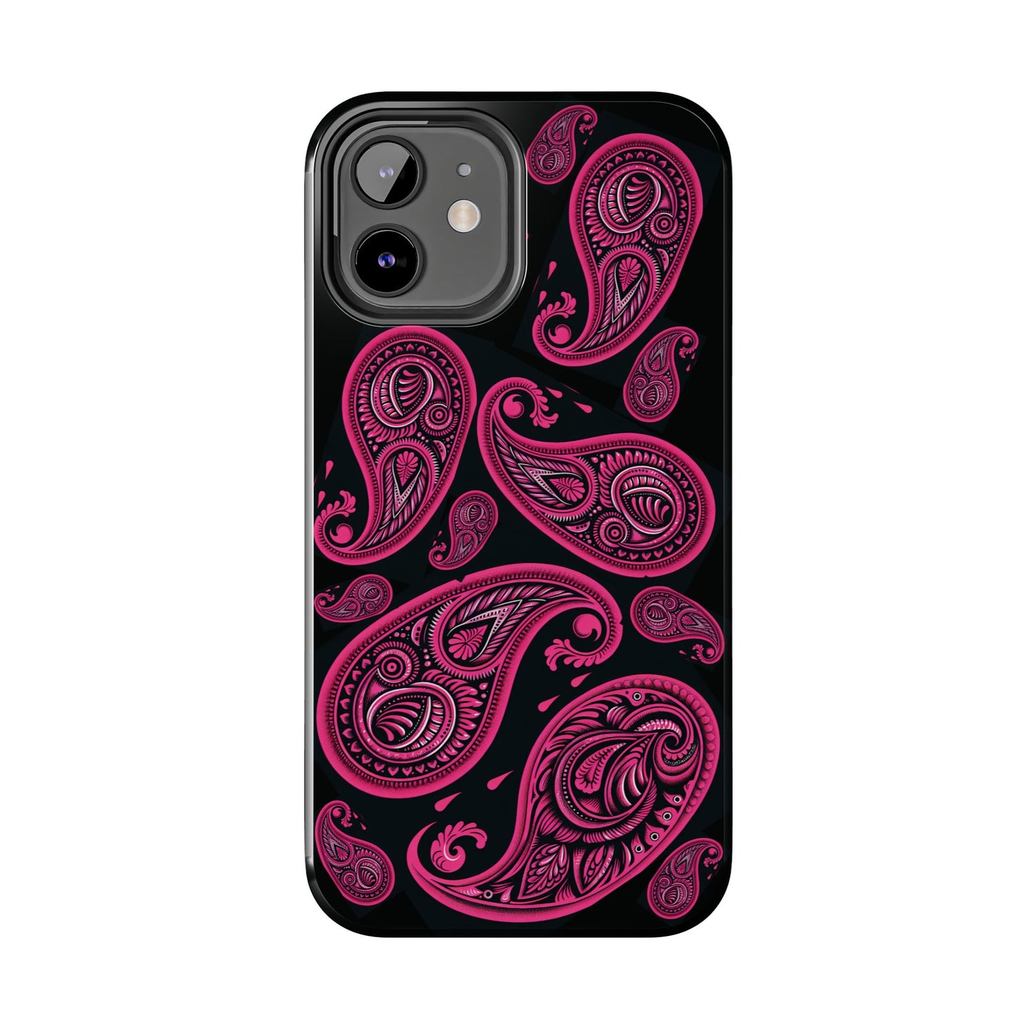 Tough Phone Case - Black with Hot Pink Paisley Design