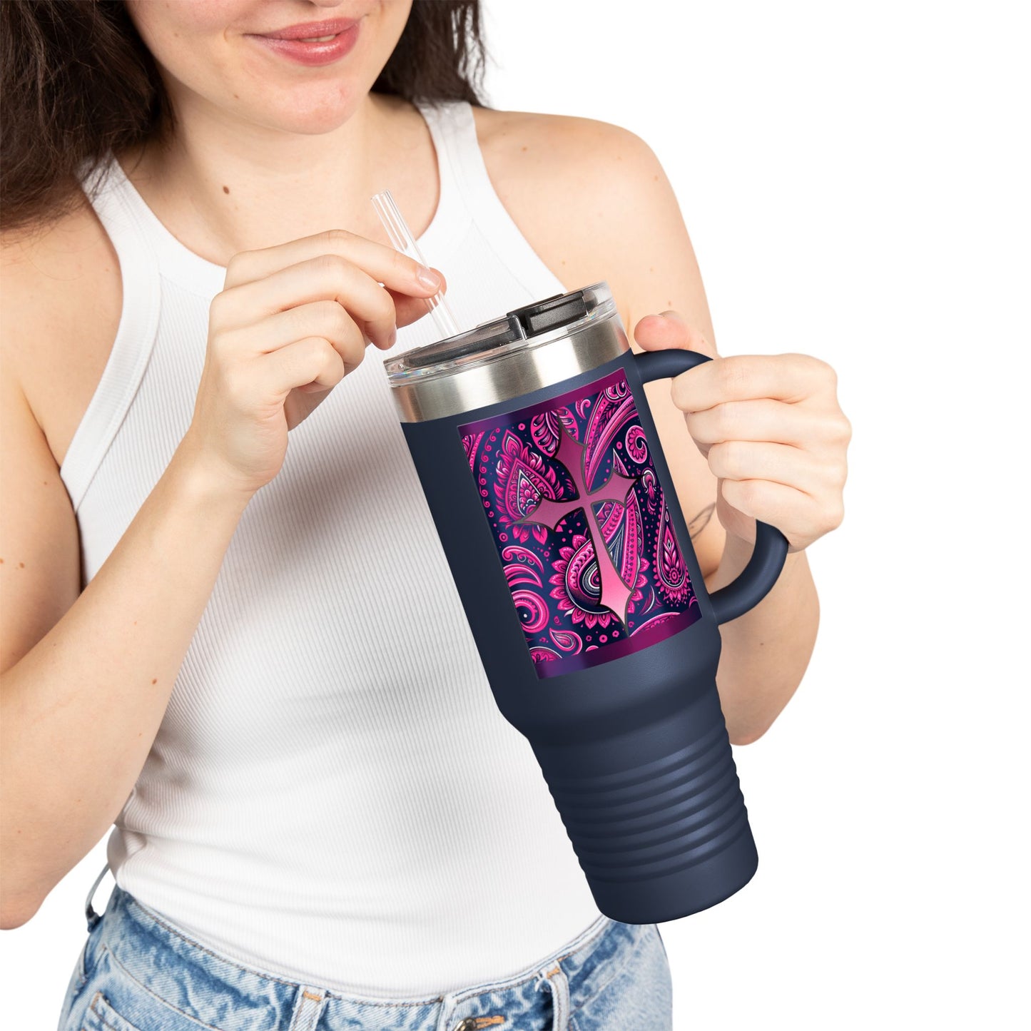 Pink Paisley Faith Insulated Travel Mug, 40oz - Coffee Lovers Gift for Holidays