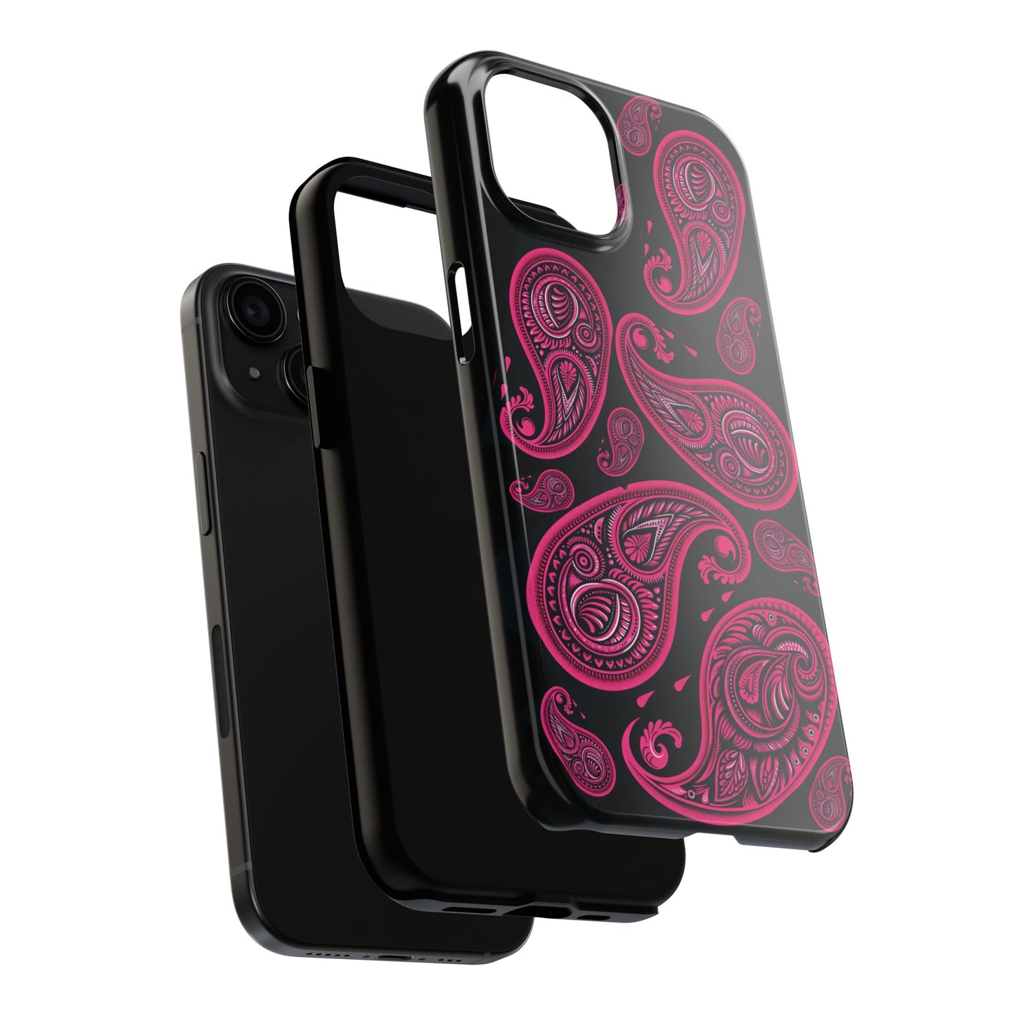 Tough Phone Case - Black with Hot Pink Paisley Design