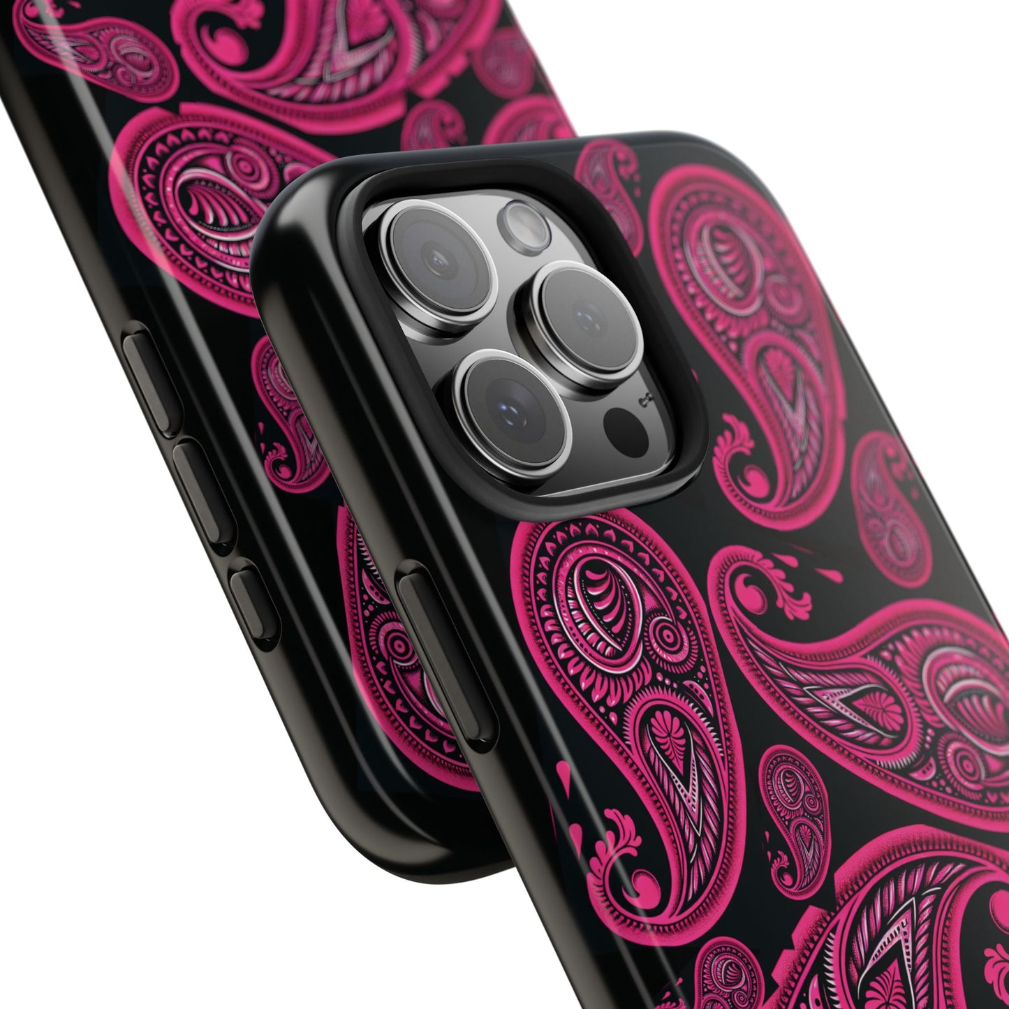 Tough Phone Case - Black with Hot Pink Paisley Design