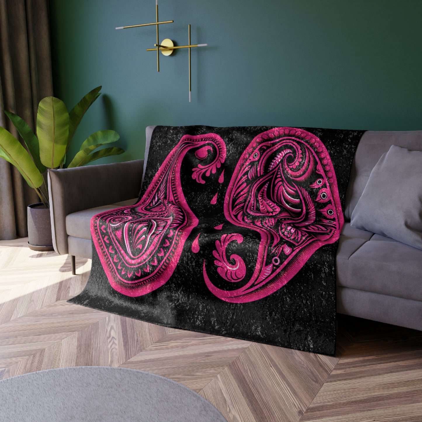 Velvet Blanket - Black with Pink Paisleys, Vibrant Boho Chic Style