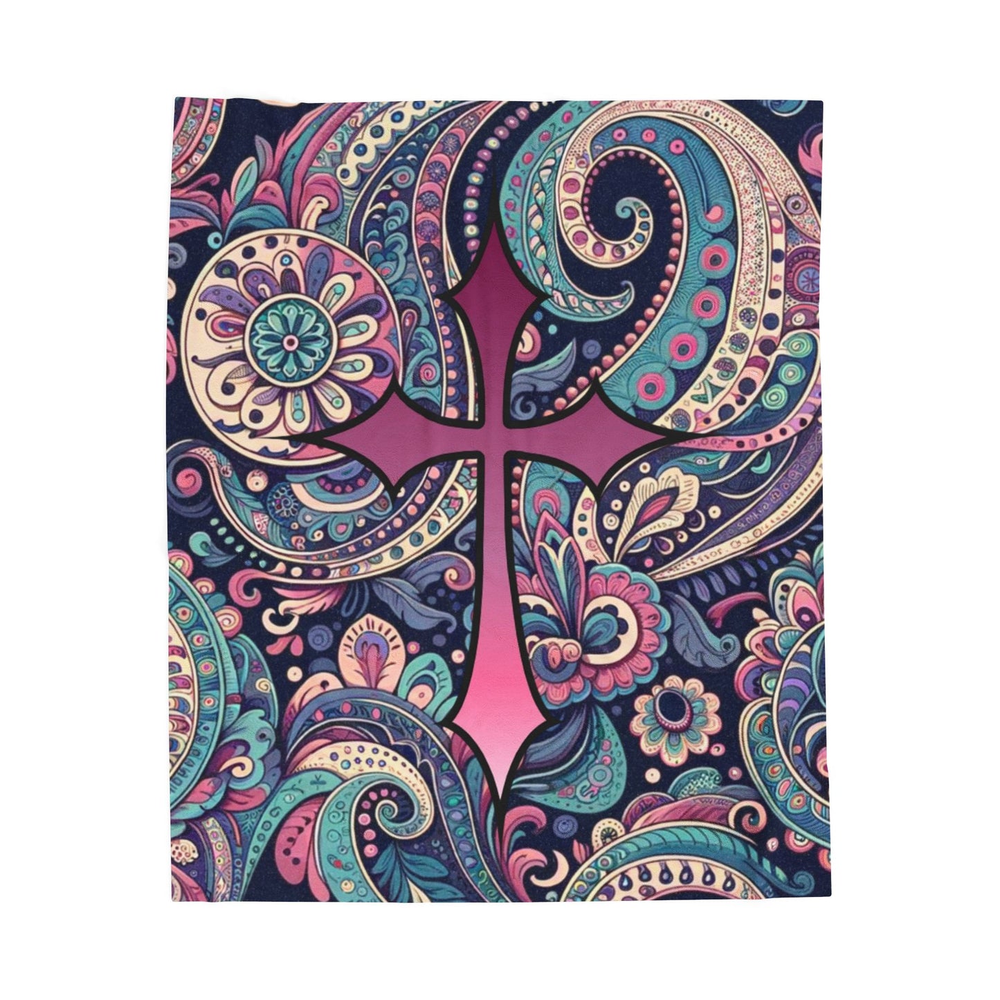 Velveteen Plush Blanket - Pink Navy Paisley Cross Pattern - with Pink Cross - Cozy Home Decor & Yoga Throw, Dorm Room