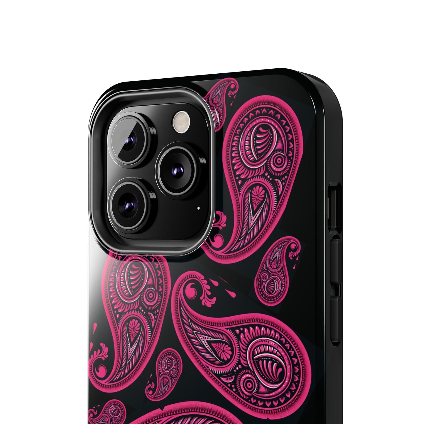 Tough Phone Case - Black with Hot Pink Paisley Design