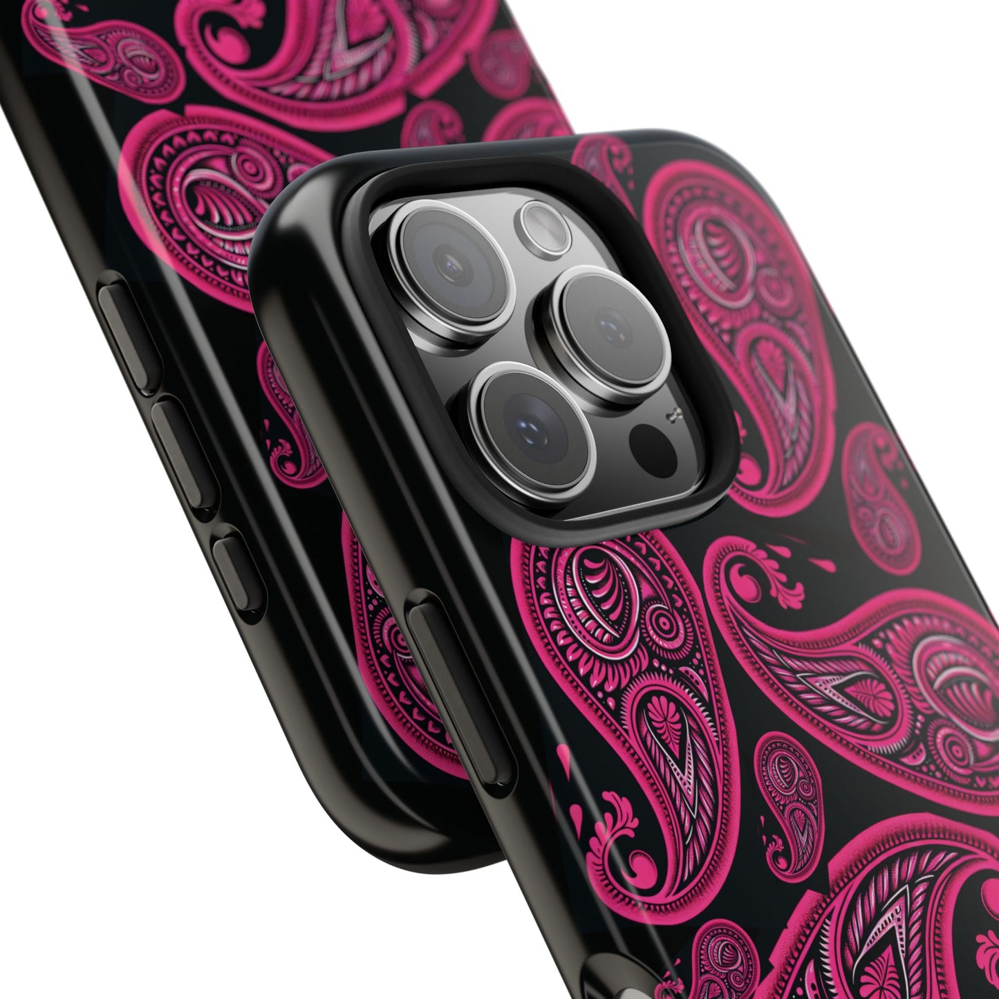 Tough Phone Case - Black with Hot Pink Paisley Design