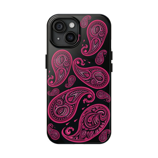 Tough Phone Case - Black with Hot Pink Paisley Design