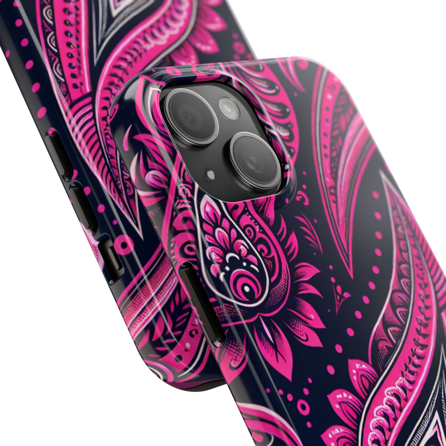 Phone Case - Vibrant Hot Pink Paisley with Black Background
