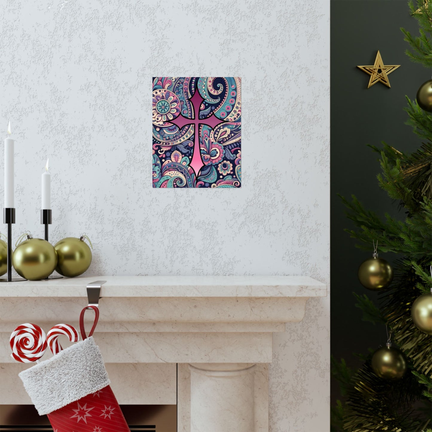 Chic and Colorful Newbo Design- Pink Cross and Paisley Design of Faith for Dorms. Back to School, Home Office, and Bedrooms