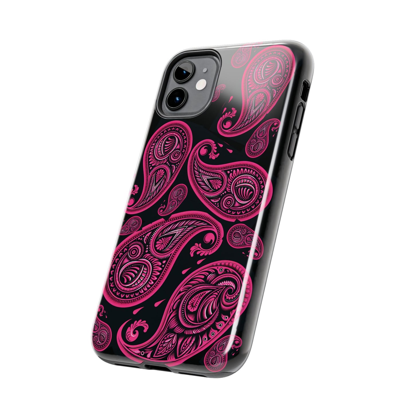 Tough Phone Case - Black with Hot Pink Paisley Design