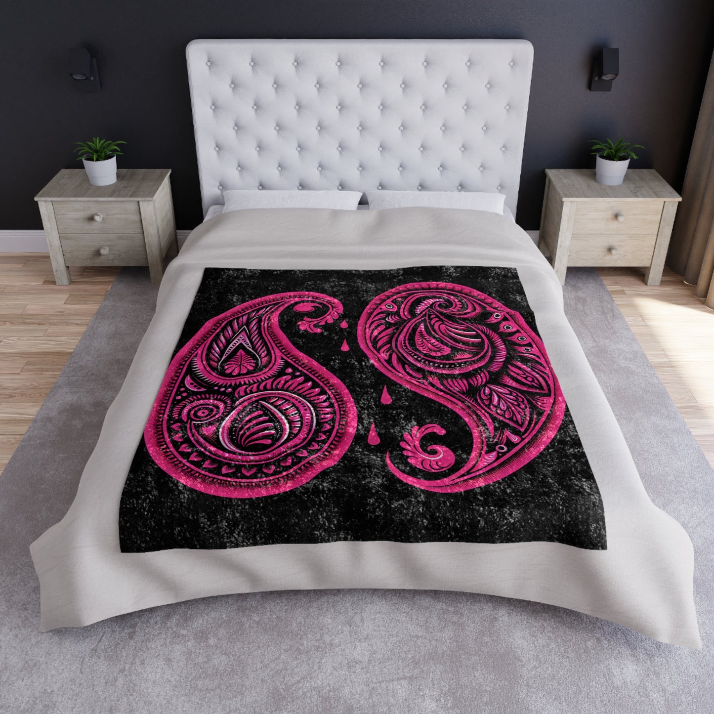 Velvet Blanket - Black with Pink Paisleys, Vibrant Boho Chic Style