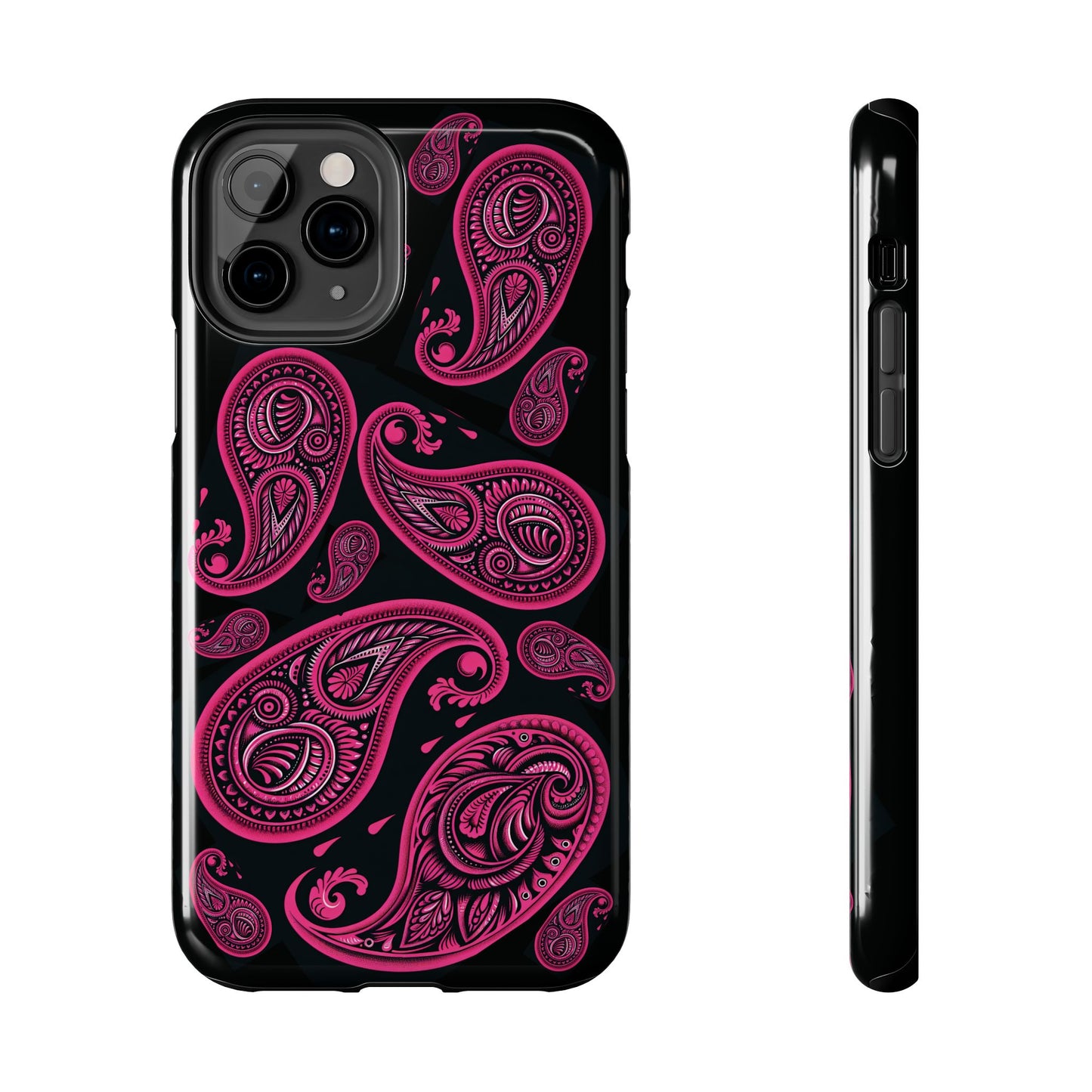 Tough Phone Case - Black with Hot Pink Paisley Design