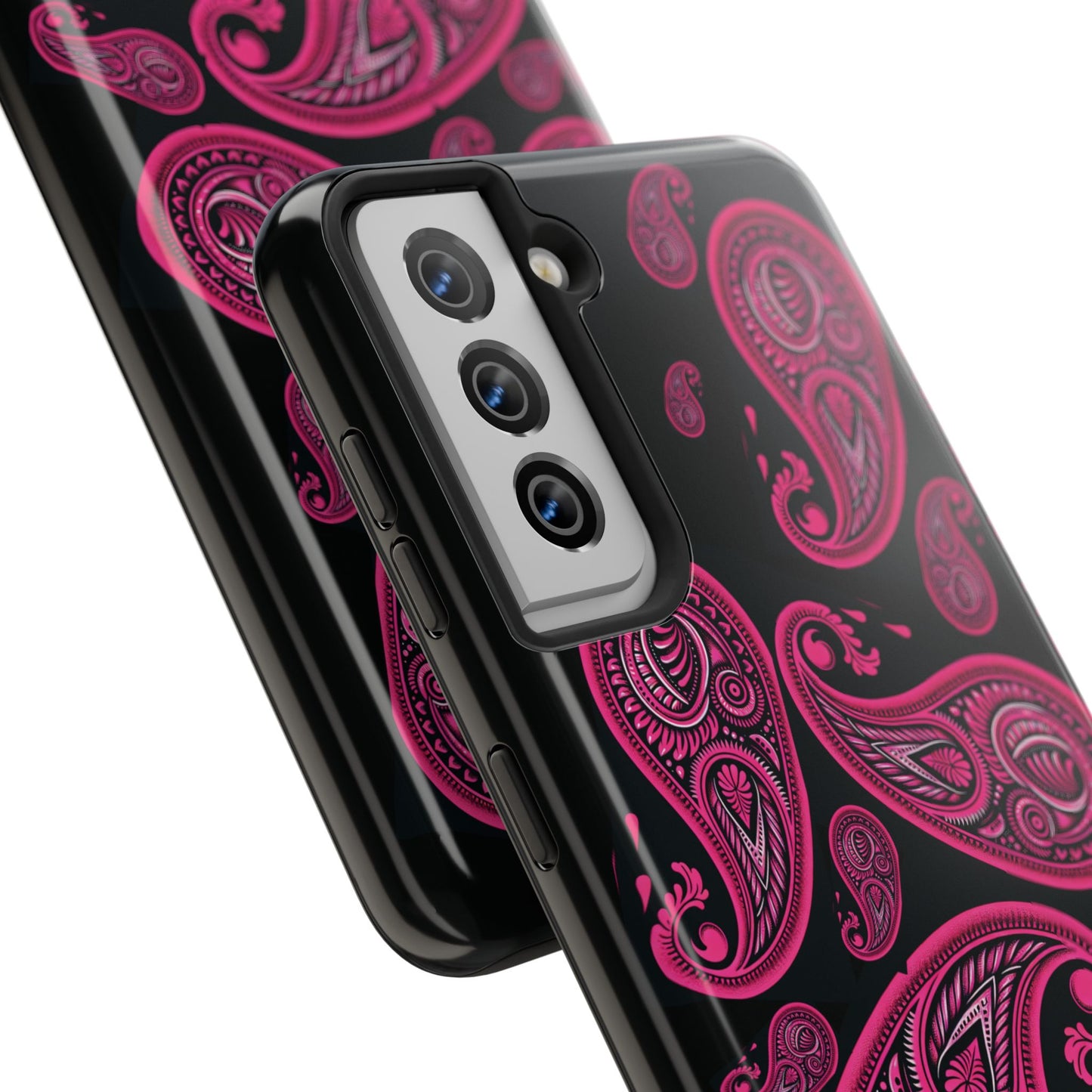 Tough Phone Case - Black with Hot Pink Paisley Design