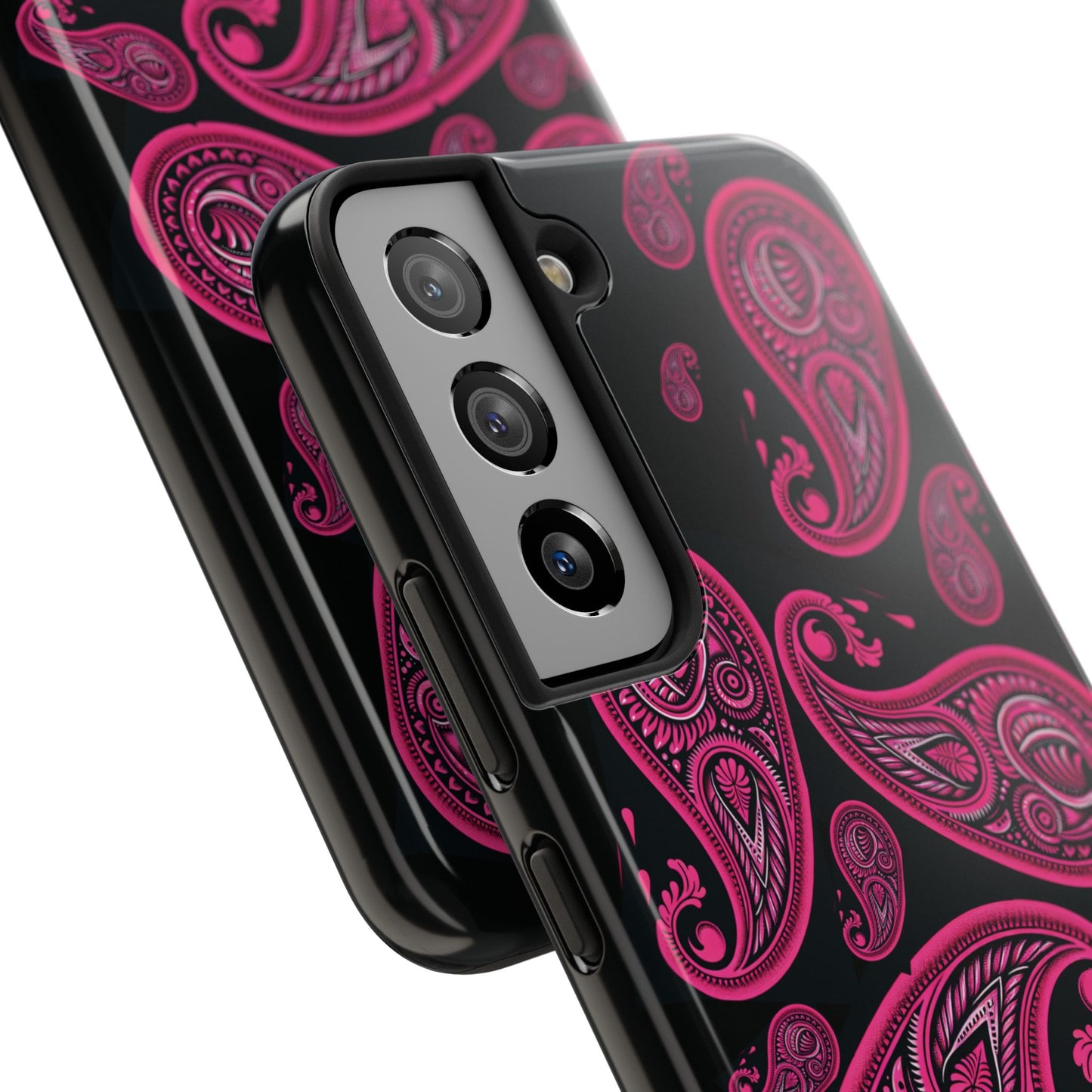 Tough Phone Case - Black with Hot Pink Paisley Design