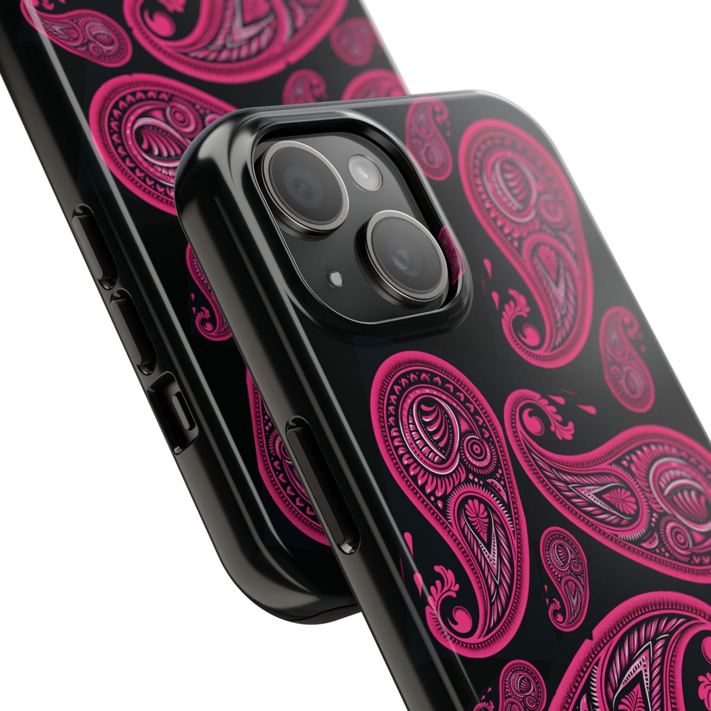 Tough Phone Case - Black with Hot Pink Paisley Design