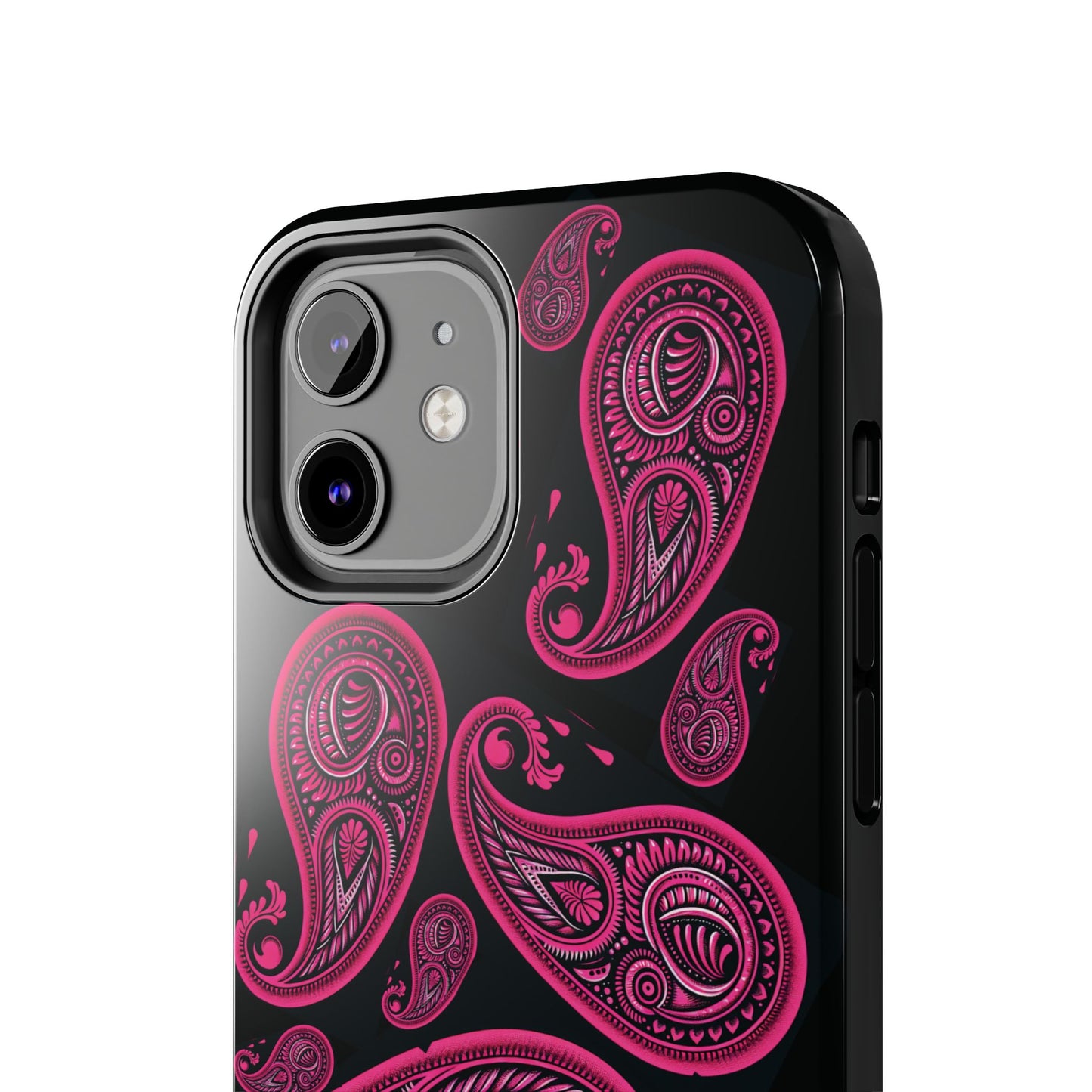 Tough Phone Case - Black with Hot Pink Paisley Design