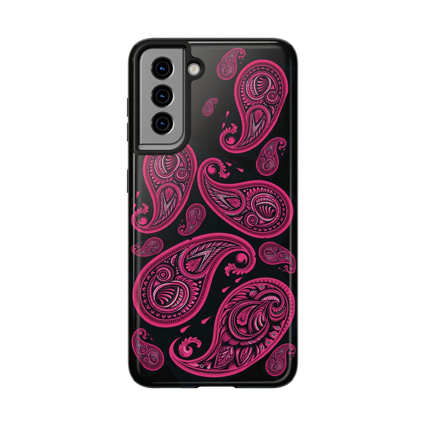 Tough Phone Case - Black with Hot Pink Paisley Design