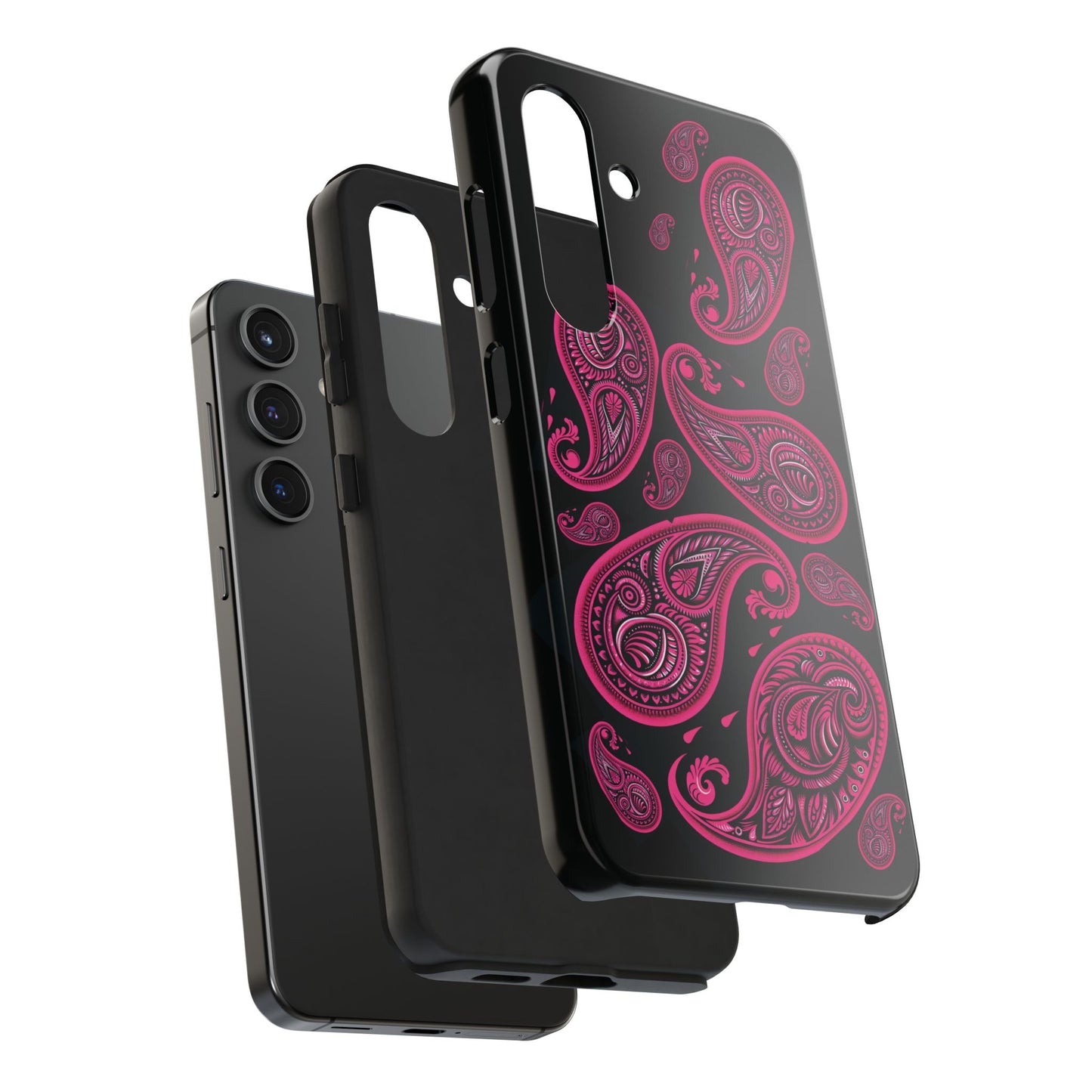 Tough Phone Case - Black with Hot Pink Paisley Design