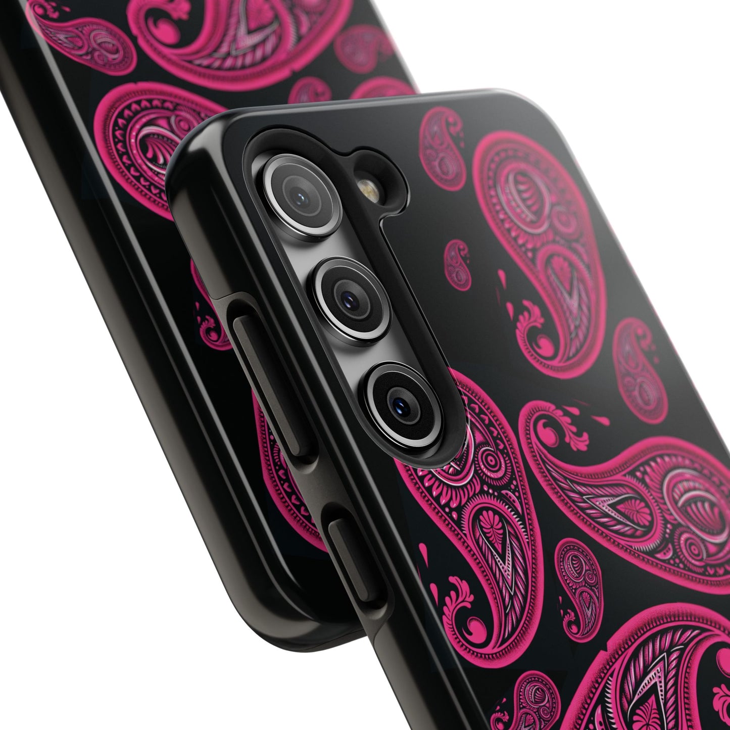 Tough Phone Case - Black with Hot Pink Paisley Design