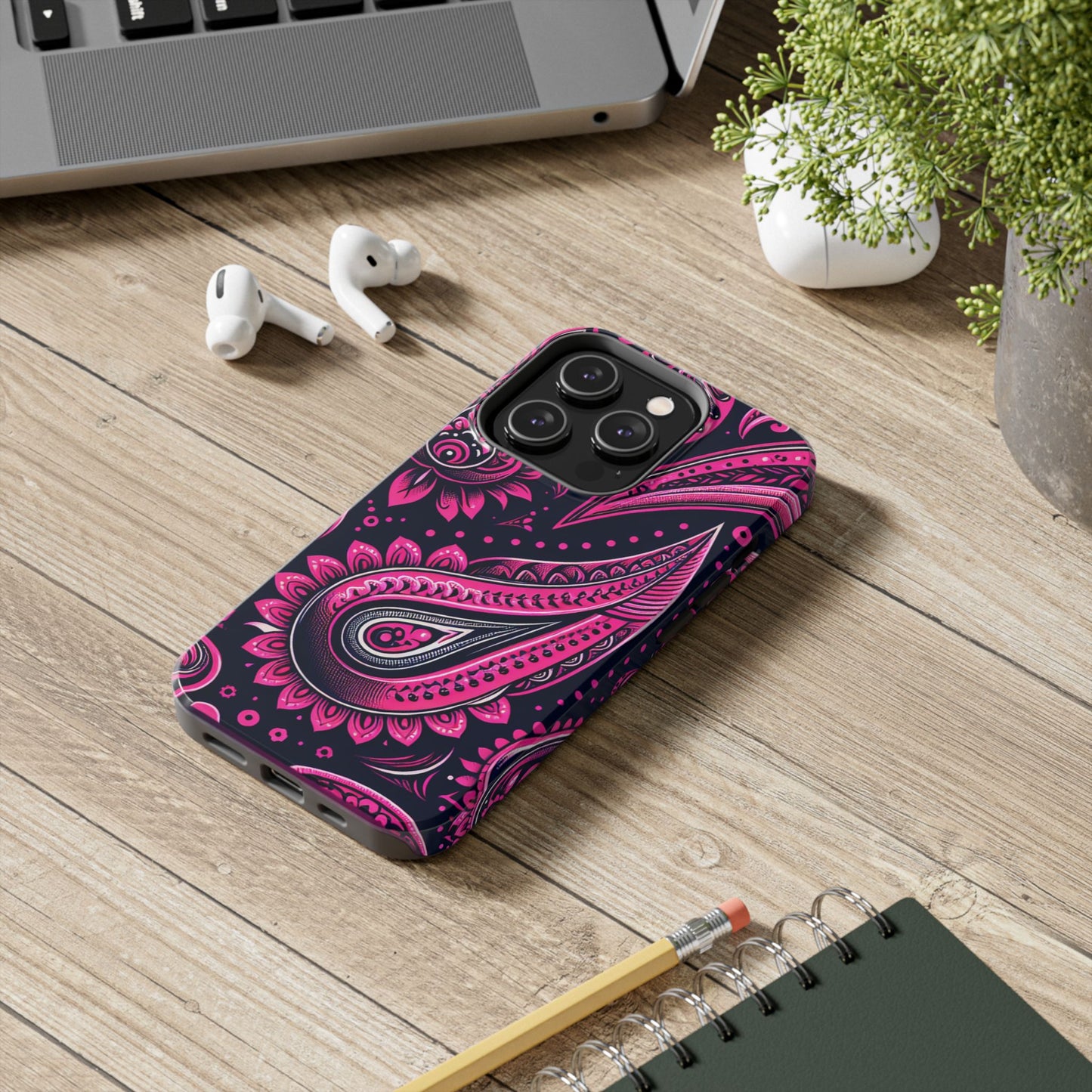 Phone Case - Vibrant Hot Pink Paisley with Black Background