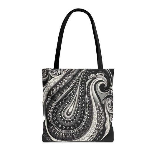 Boho Paisley Tote Bag, Chic School or book Bag, Fashion Accessory, Gift for Her, Black and White, 3 Sizes, with options for handle color.