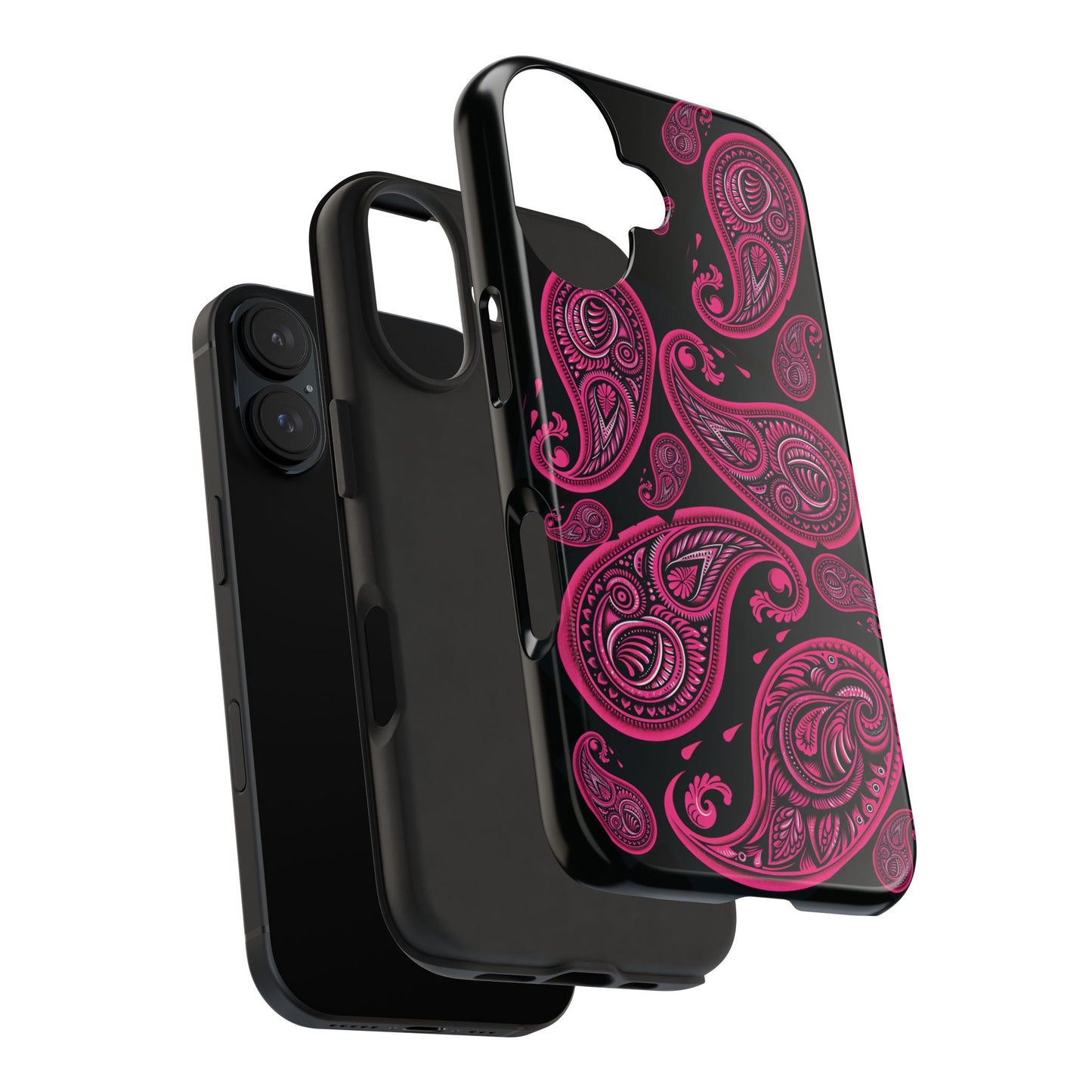 Tough Phone Case - Black with Hot Pink Paisley Design