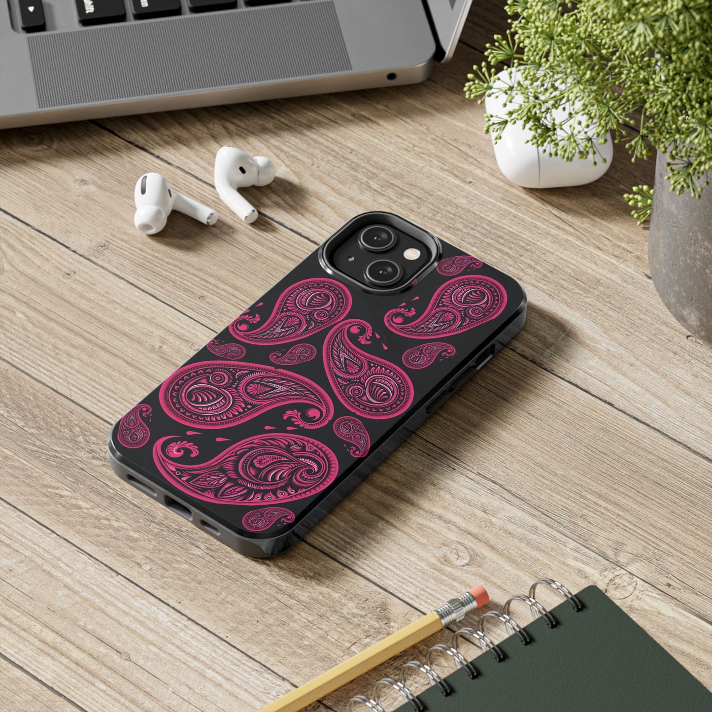 Tough Phone Case - Black with Hot Pink Paisley Design