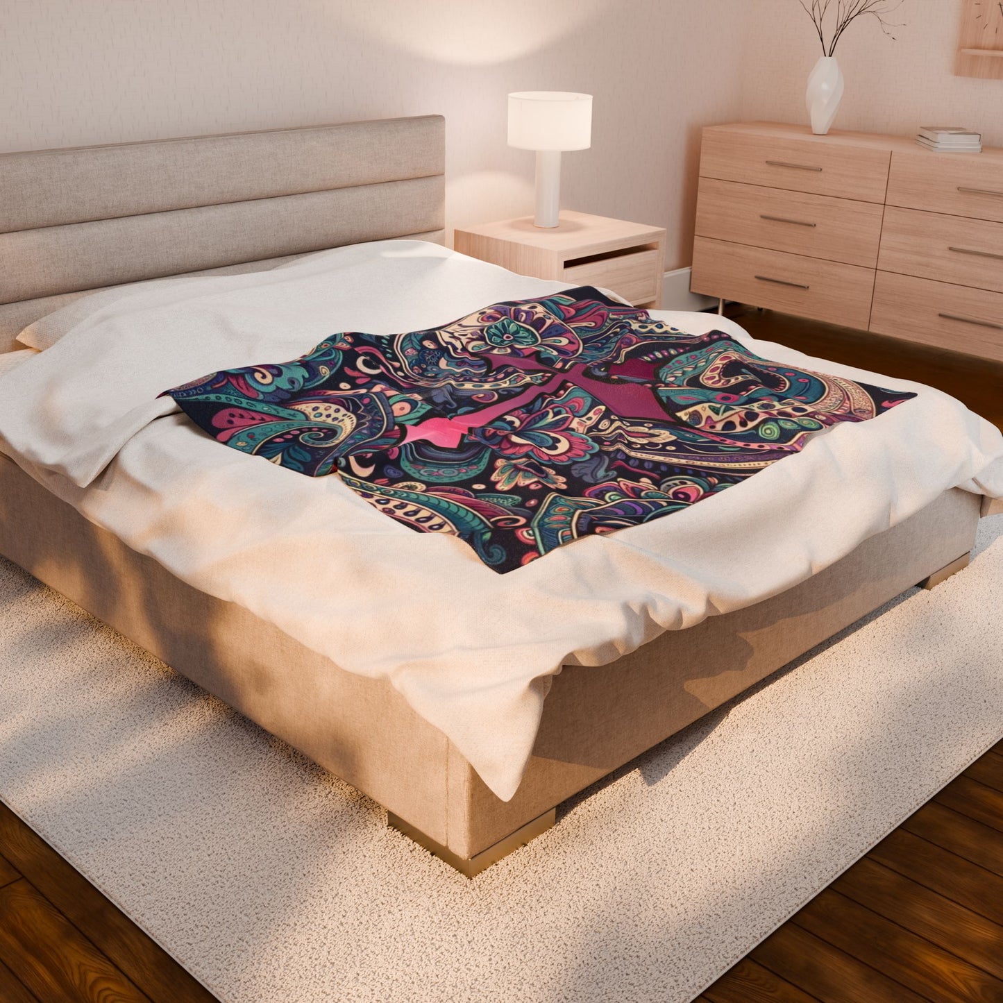 Velveteen Plush Blanket - Pink Navy Paisley Cross Pattern - with Pink Cross - Cozy Home Decor & Yoga Throw, Dorm Room