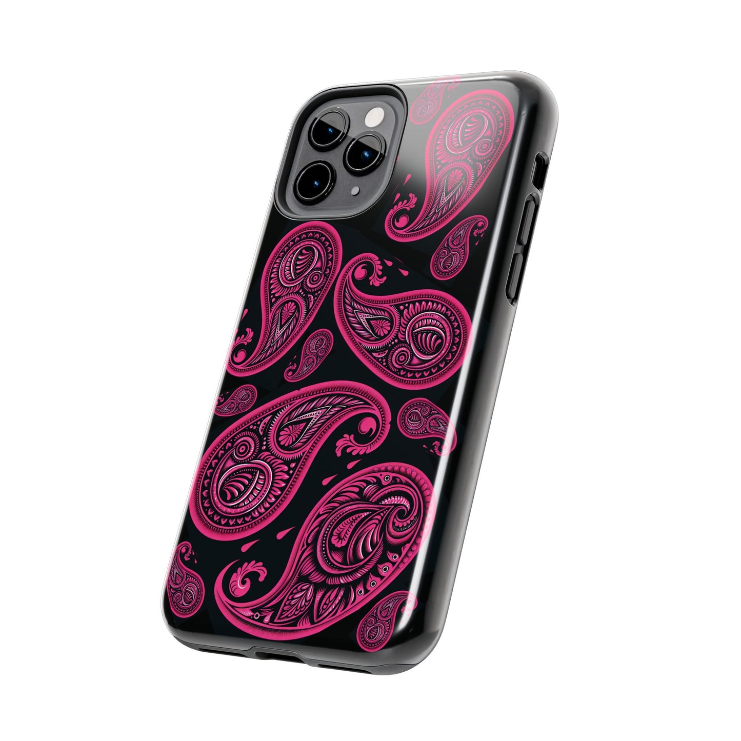 Tough Phone Case - Black with Hot Pink Paisley Design