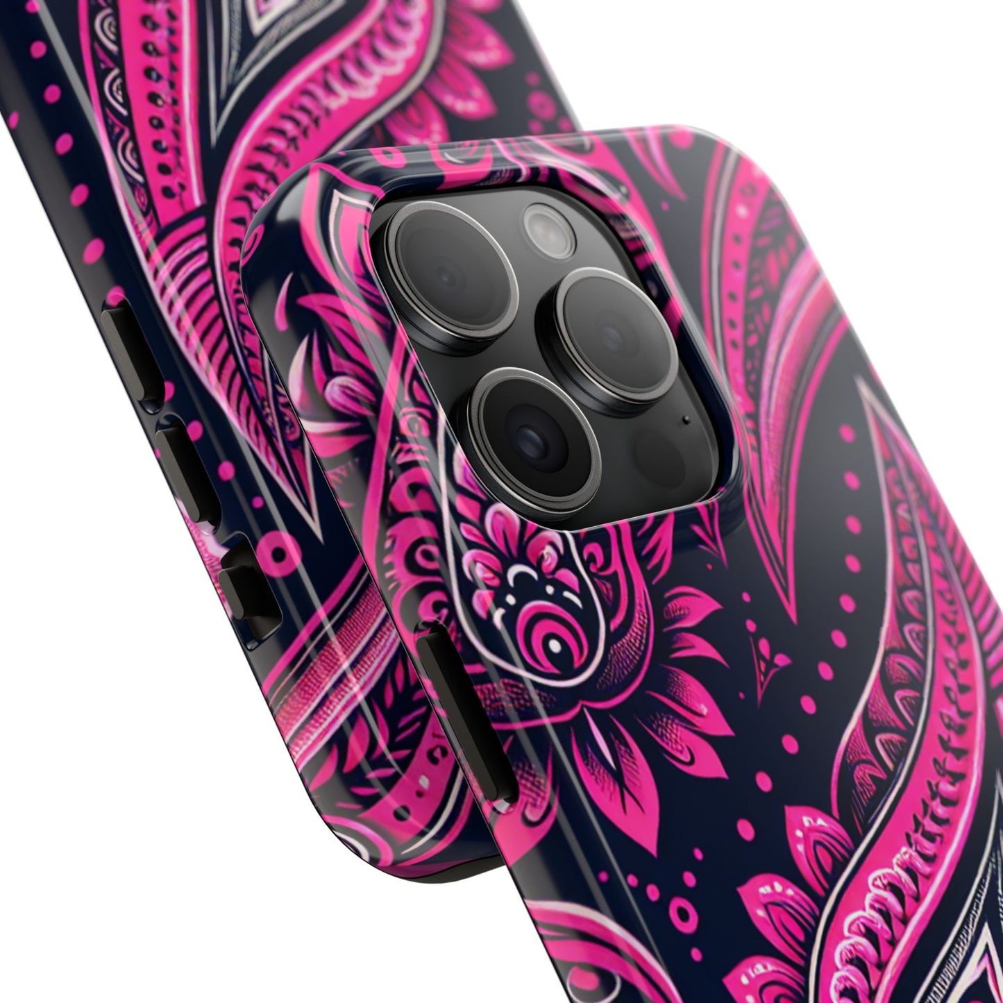 Phone Case - Vibrant Hot Pink Paisley with Black Background