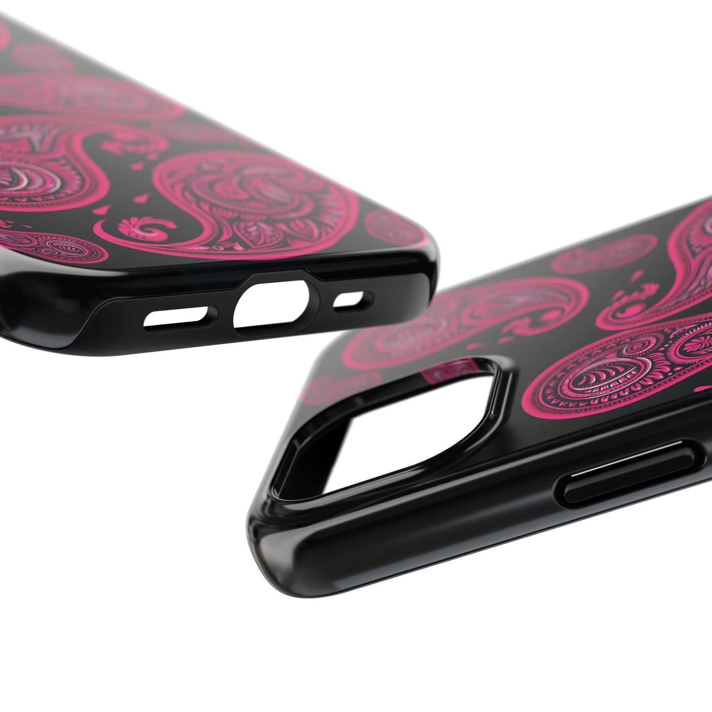 Tough Phone Case - Black with Hot Pink Paisley Design