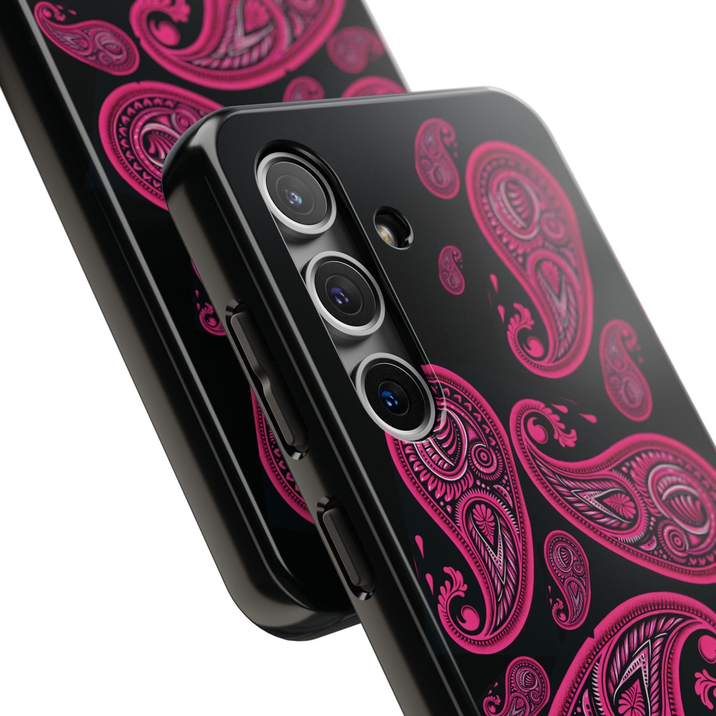 Tough Phone Case - Black with Hot Pink Paisley Design