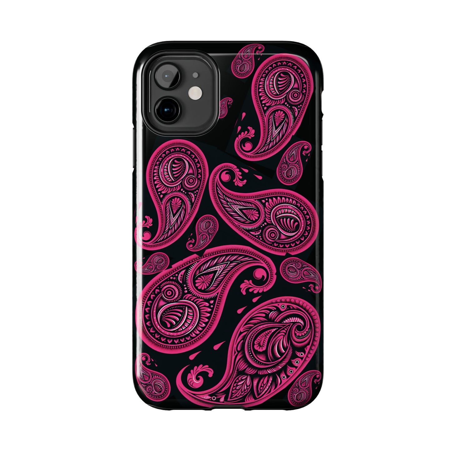 Tough Phone Case - Black with Hot Pink Paisley Design