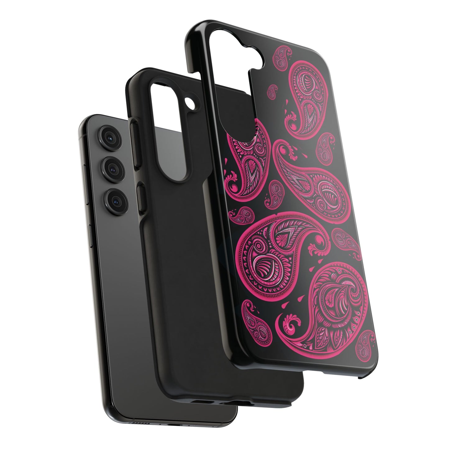 Tough Phone Case - Black with Hot Pink Paisley Design