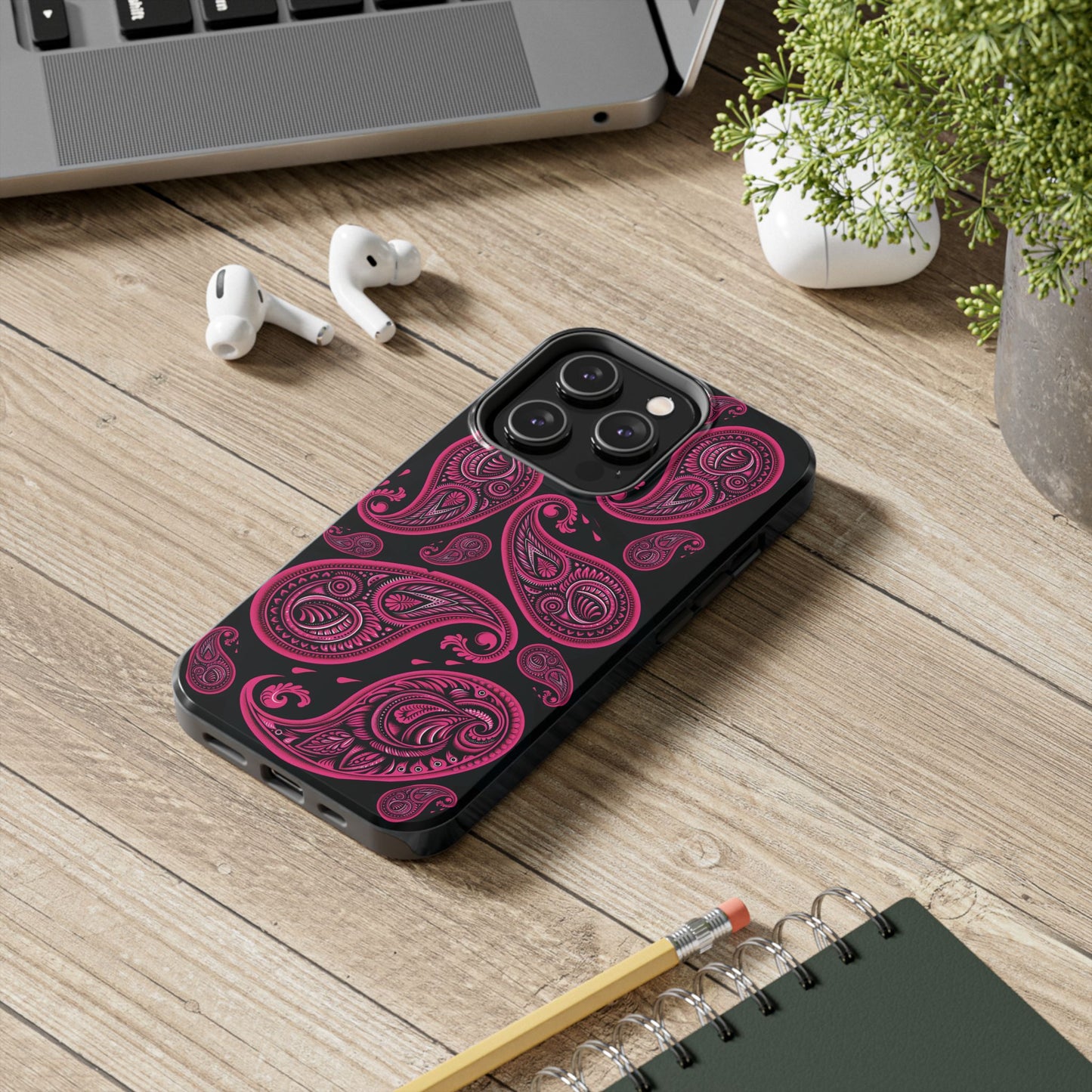Tough Phone Case - Black with Hot Pink Paisley Design