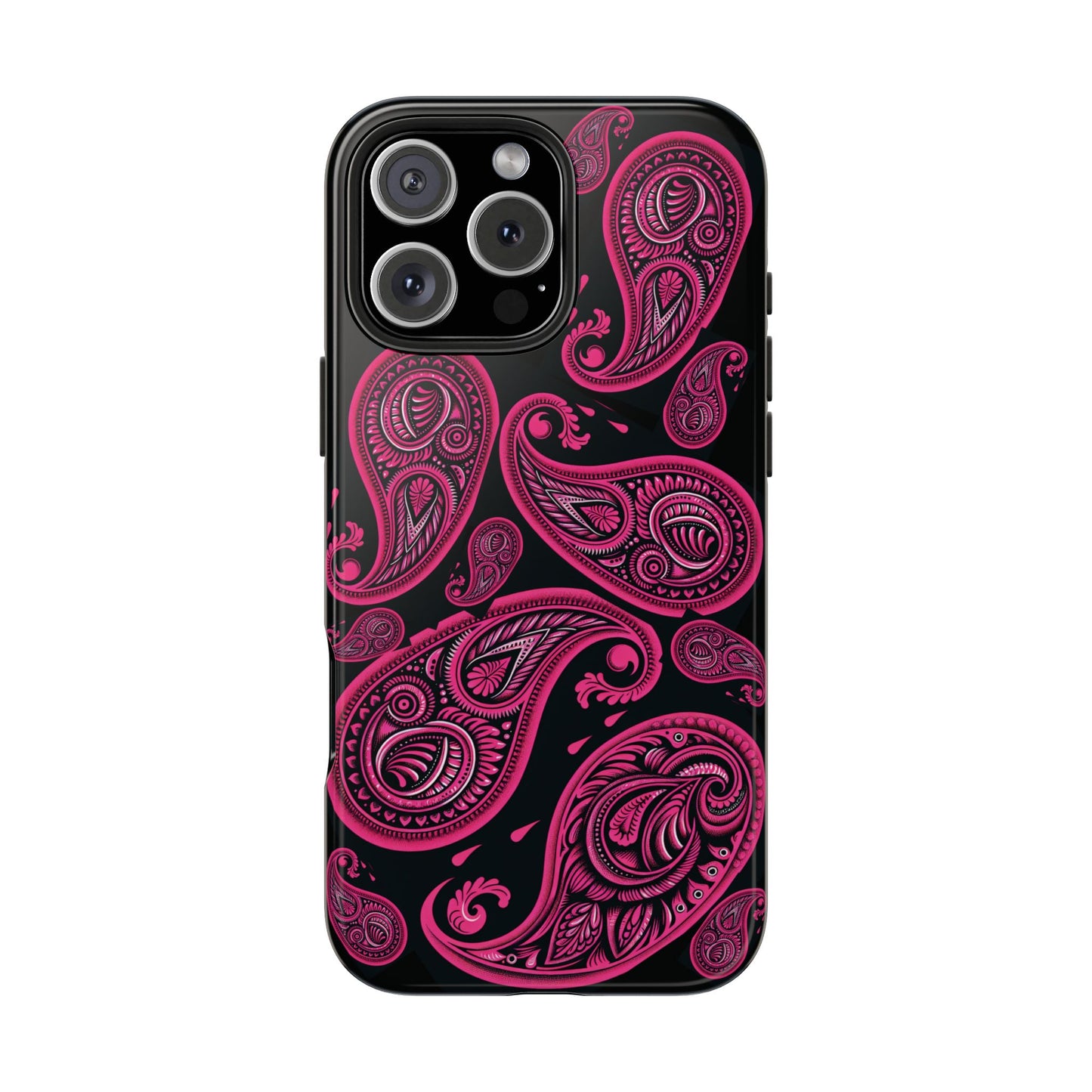 Tough Phone Case - Black with Hot Pink Paisley Design
