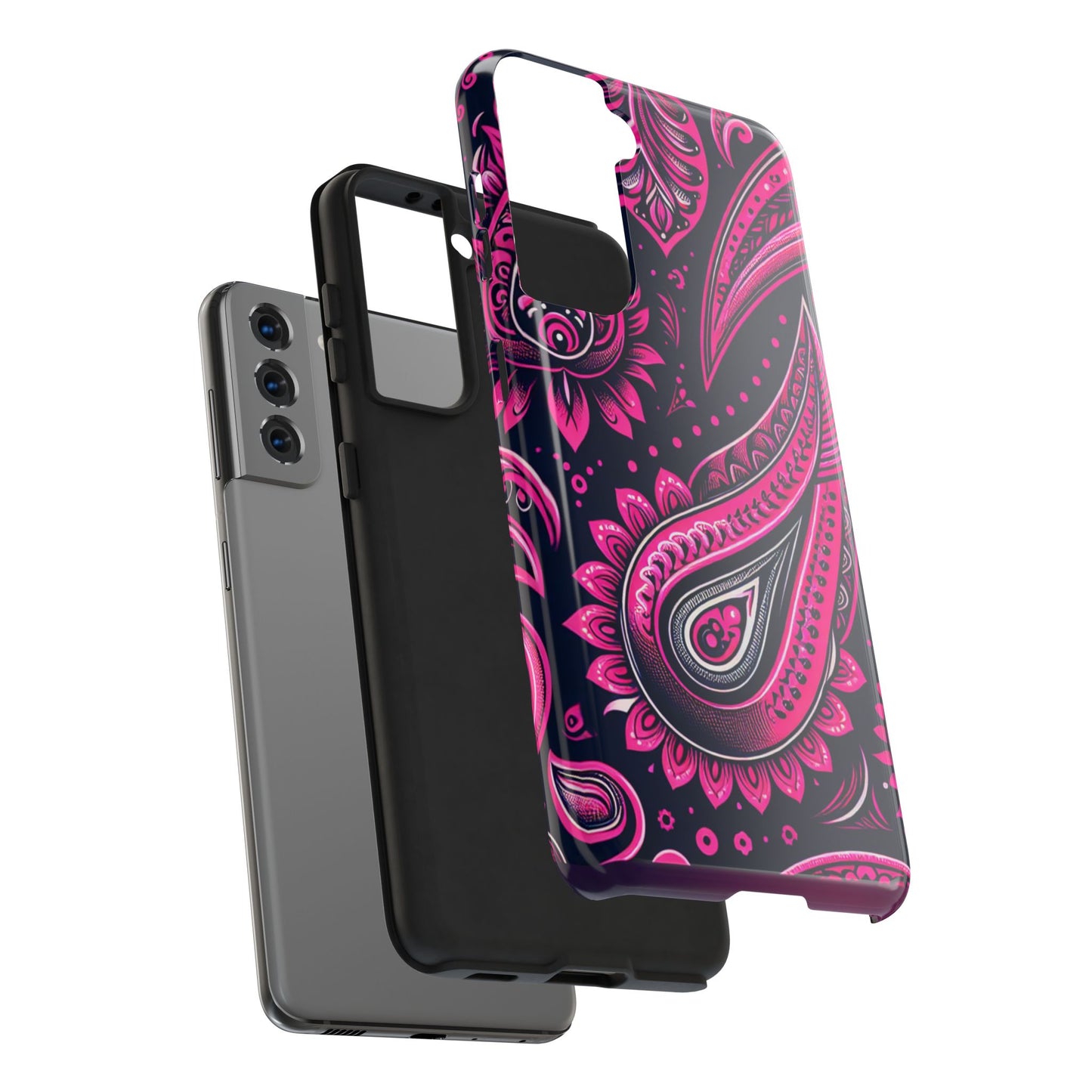 Phone Case - Vibrant Hot Pink Paisley with Black Background