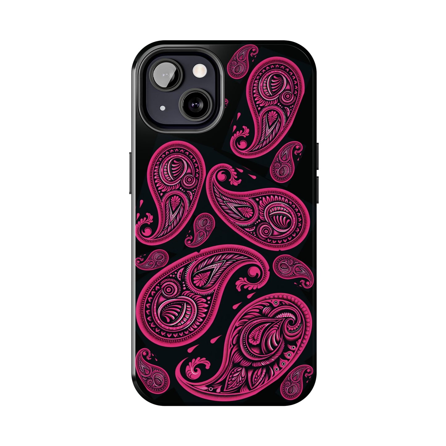 Tough Phone Case - Black with Hot Pink Paisley Design