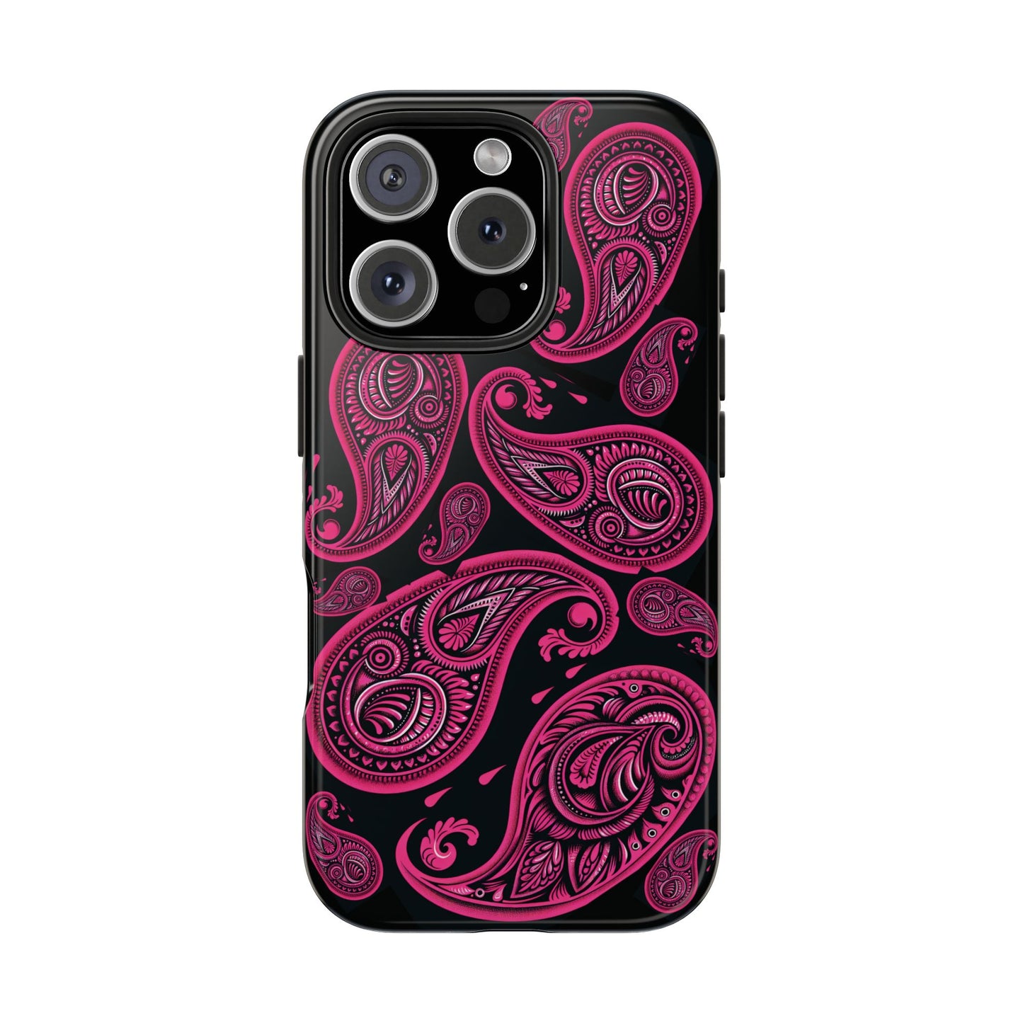 Tough Phone Case - Black with Hot Pink Paisley Design