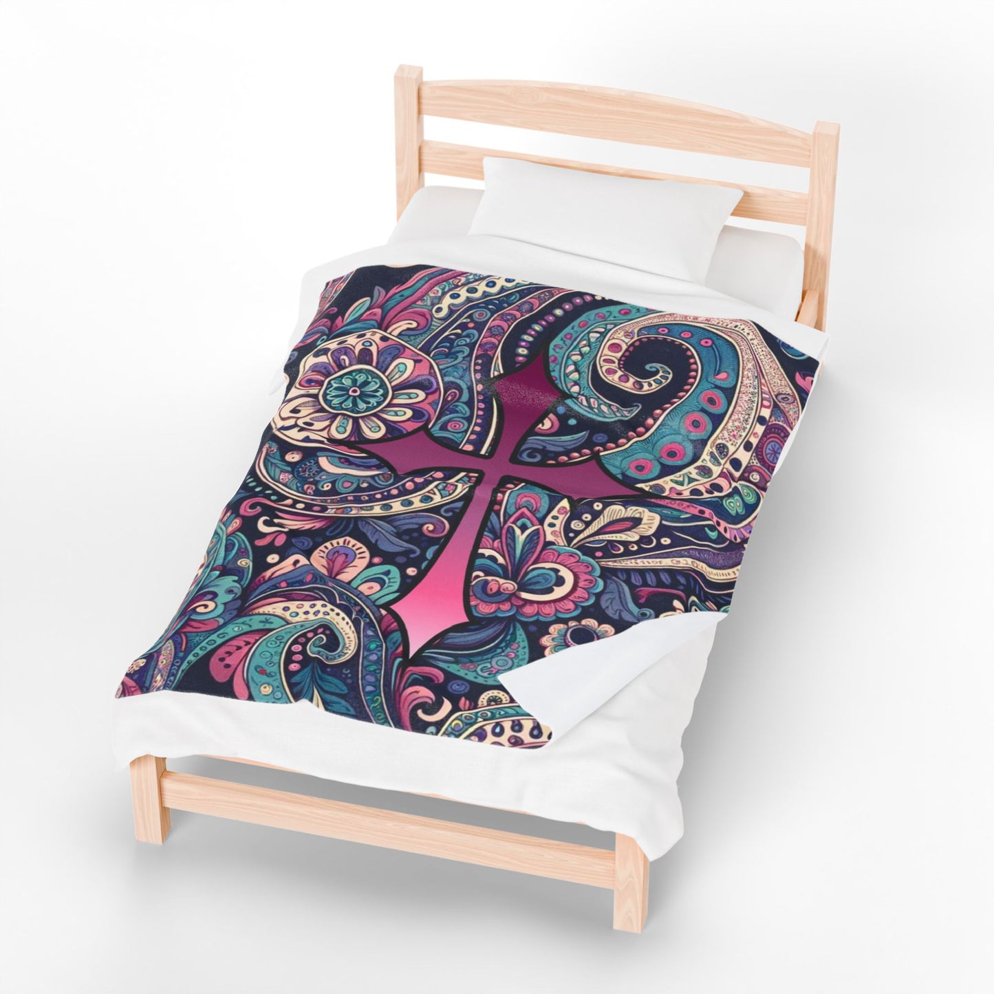 Velveteen Plush Blanket - Pink Navy Paisley Cross Pattern - with Pink Cross - Cozy Home Decor & Yoga Throw, Dorm Room