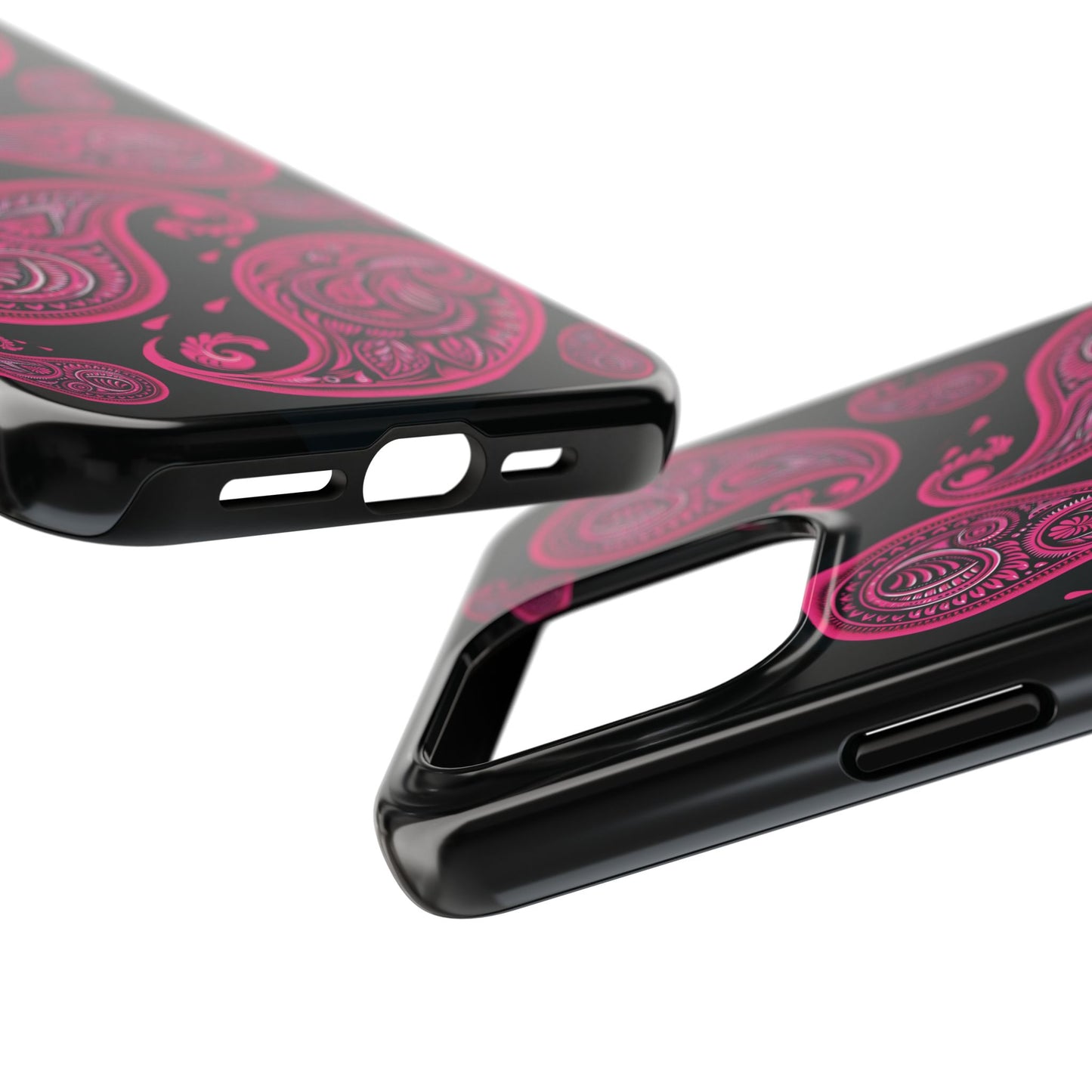 Tough Phone Case - Black with Hot Pink Paisley Design
