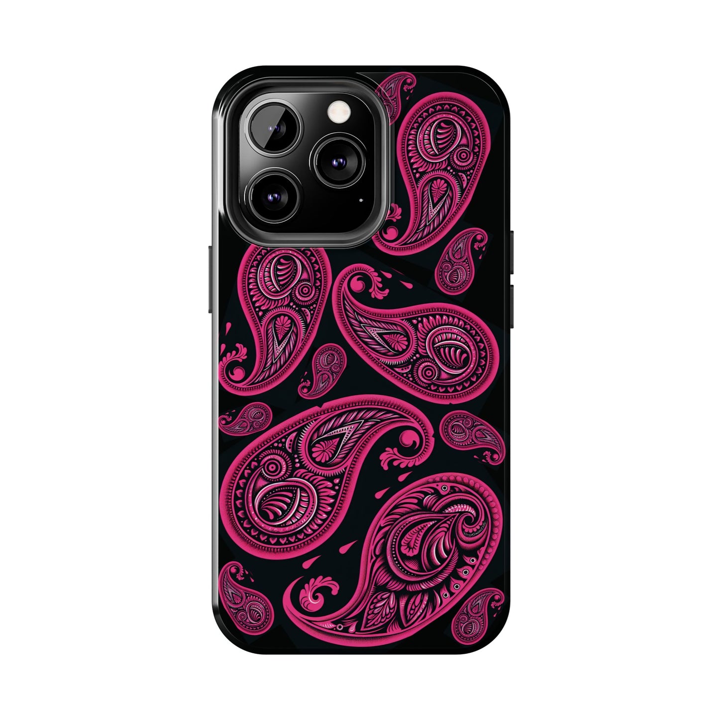 Tough Phone Case - Black with Hot Pink Paisley Design