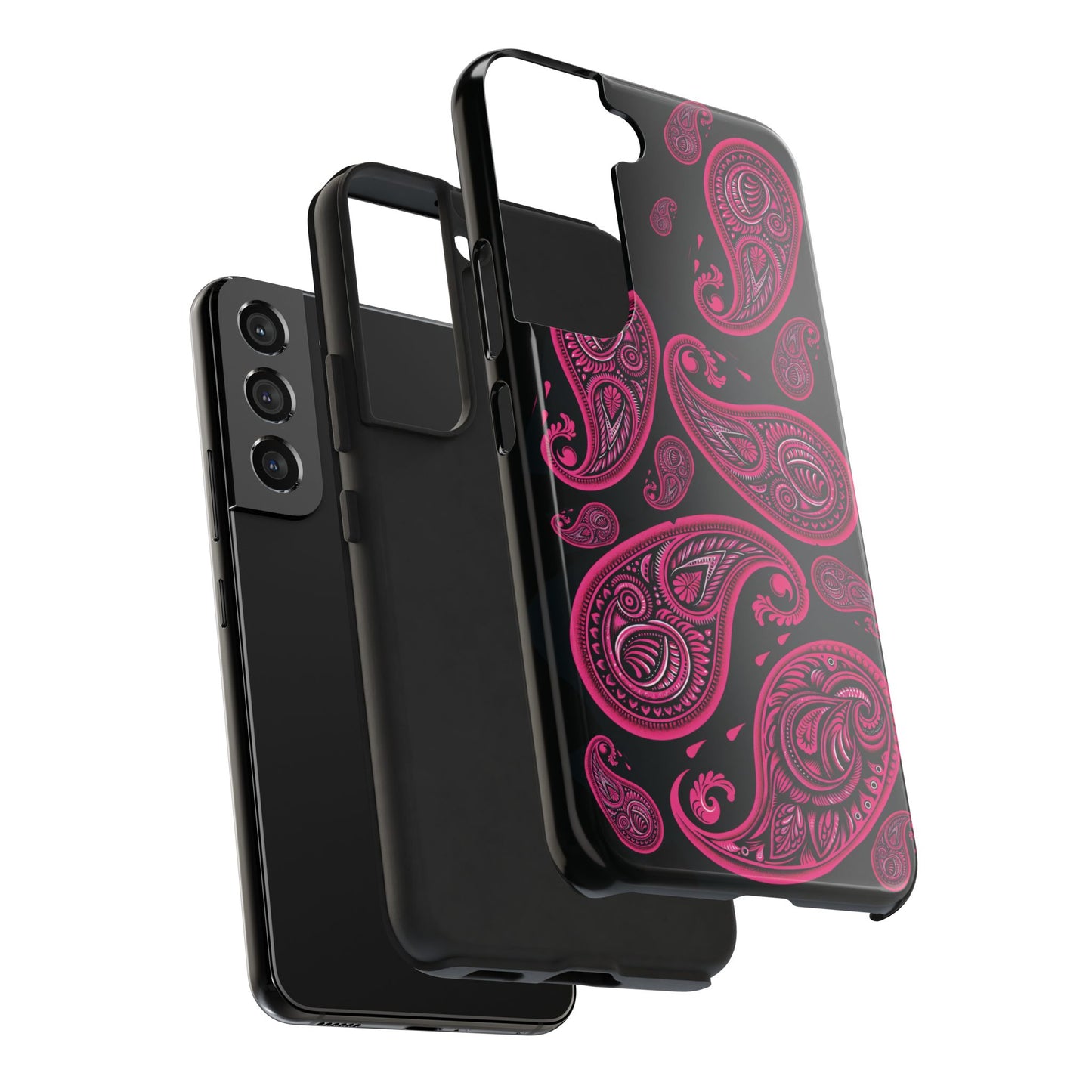 Tough Phone Case - Black with Hot Pink Paisley Design
