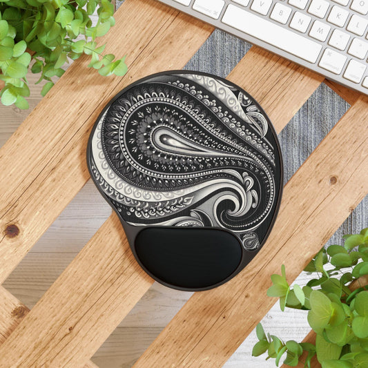 Mouse Pad, Elegant Black and White Paisley, Stylish Desk Accessory with Wrist Rest, Ideal for Office Decor and Computer Gift, Cozy Workspace